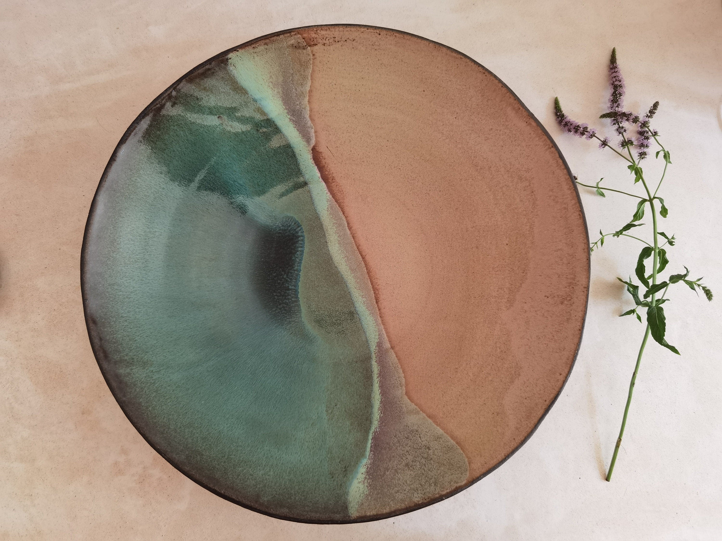 Large Ceramic Serving Bowl, Beige Turquoise Glaze