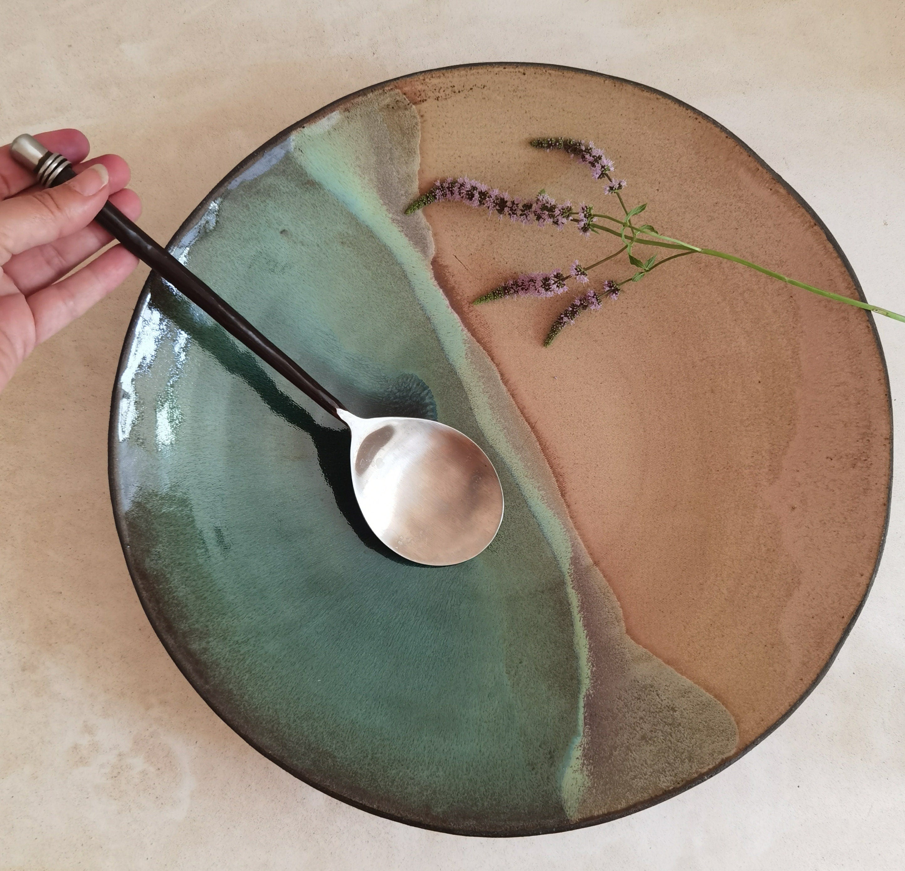 Large Ceramic Serving Bowl, Beige and Turquoise Glaze, Modern Centerpiece