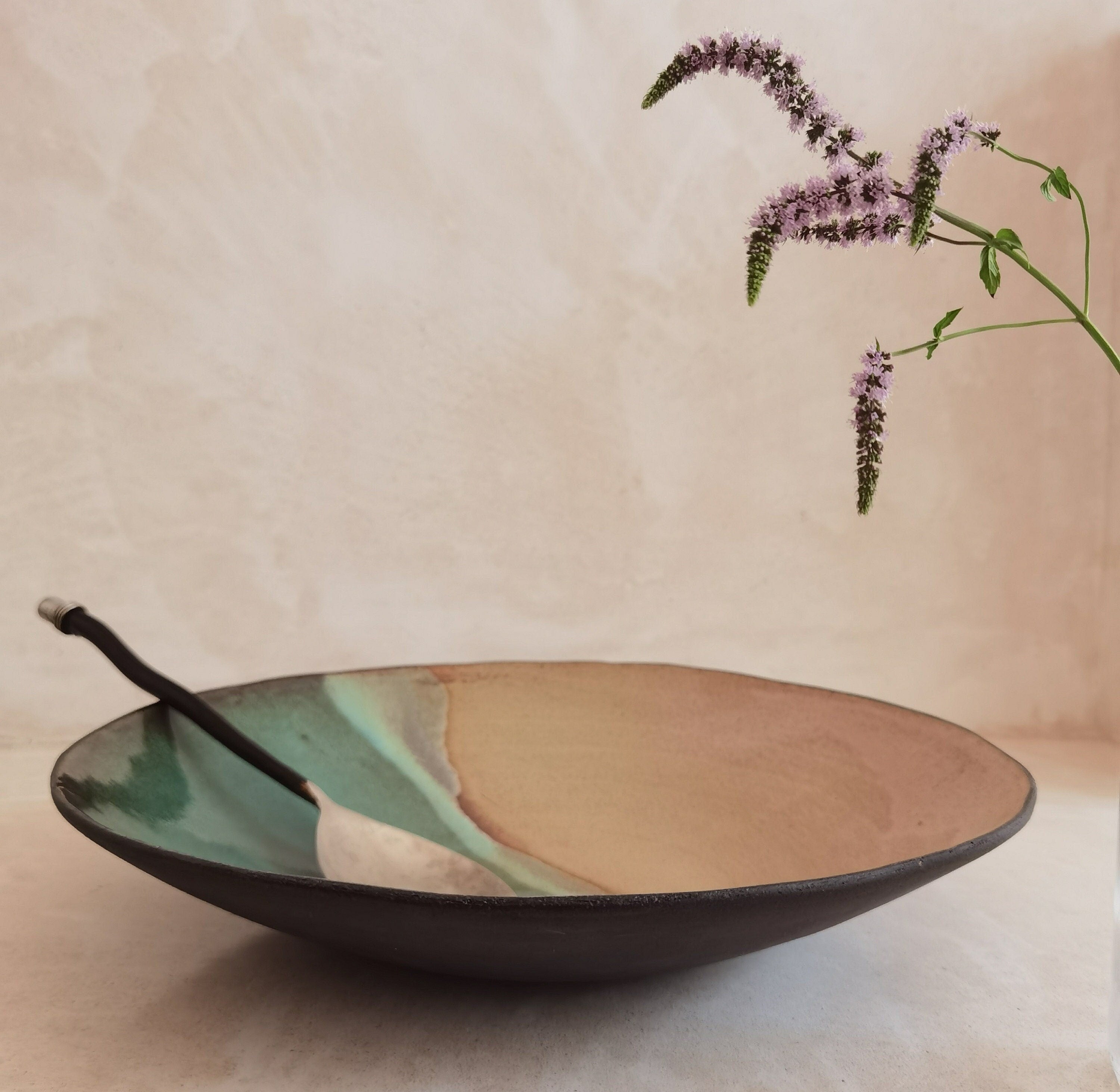 Large Ceramic Serving Bowl, Beige Turquoise Glaze