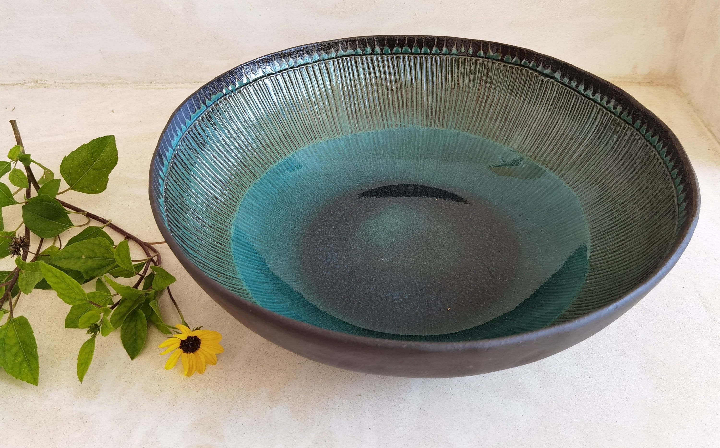 Large Ceramic Serving Bowl: Turquoise Glaze, Hand-Painted Engraved Decor