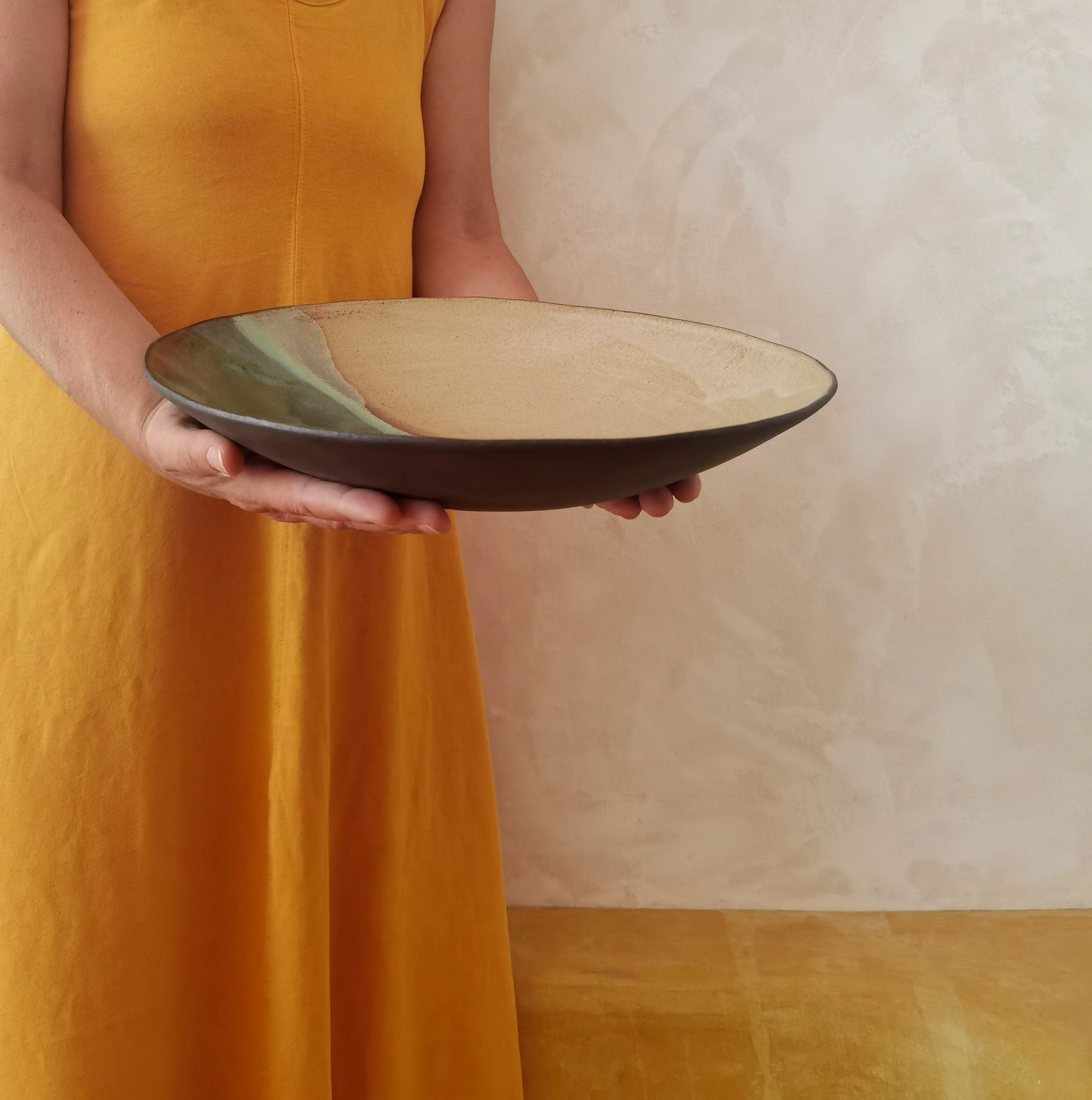 Large Ceramic Serving Bowl, Beige and Turquoise Glaze, Modern Centerpiece
