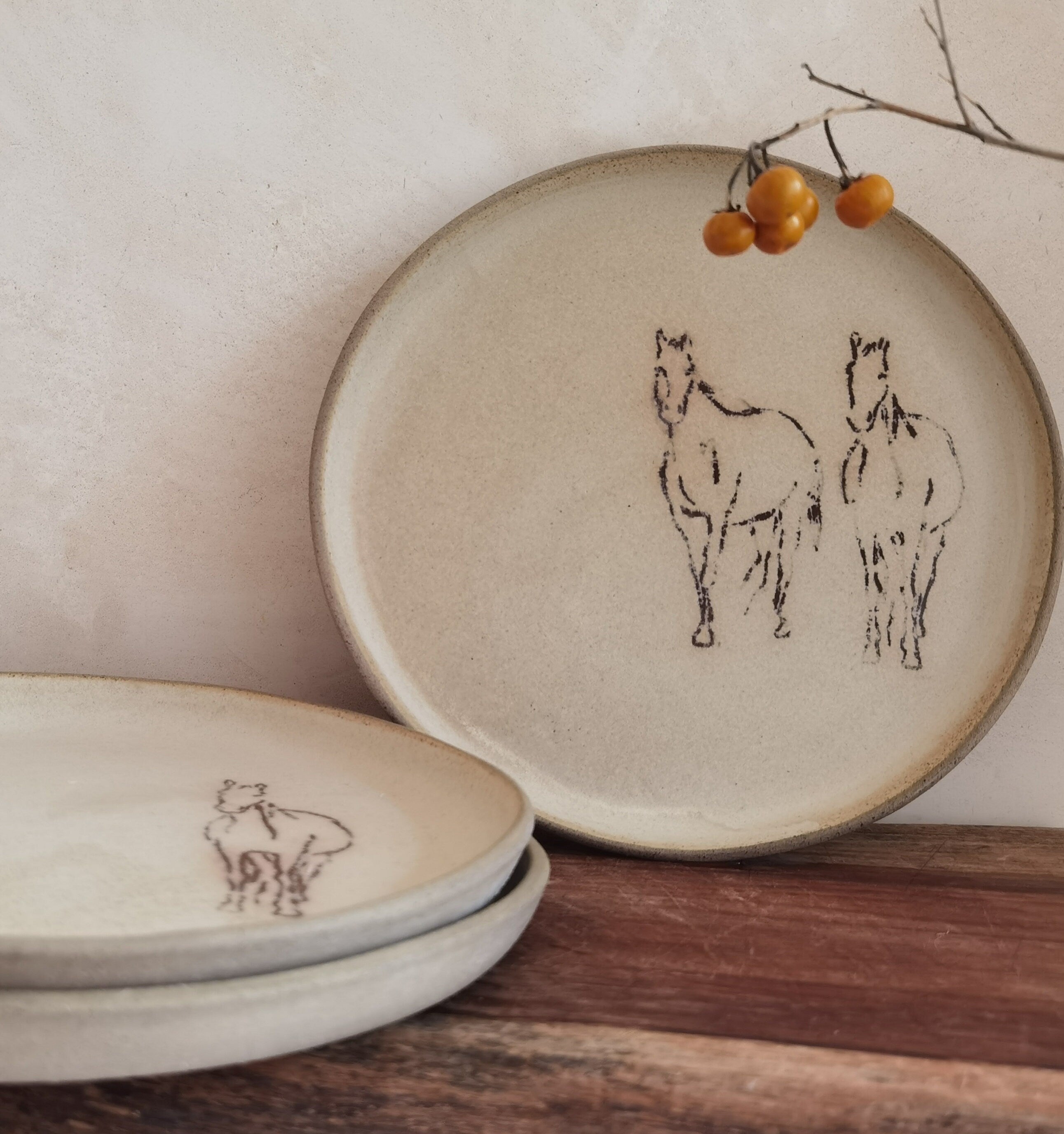 TWO large Ceramic Plates,  Horse Decorations, Unique pottery, Rustic style