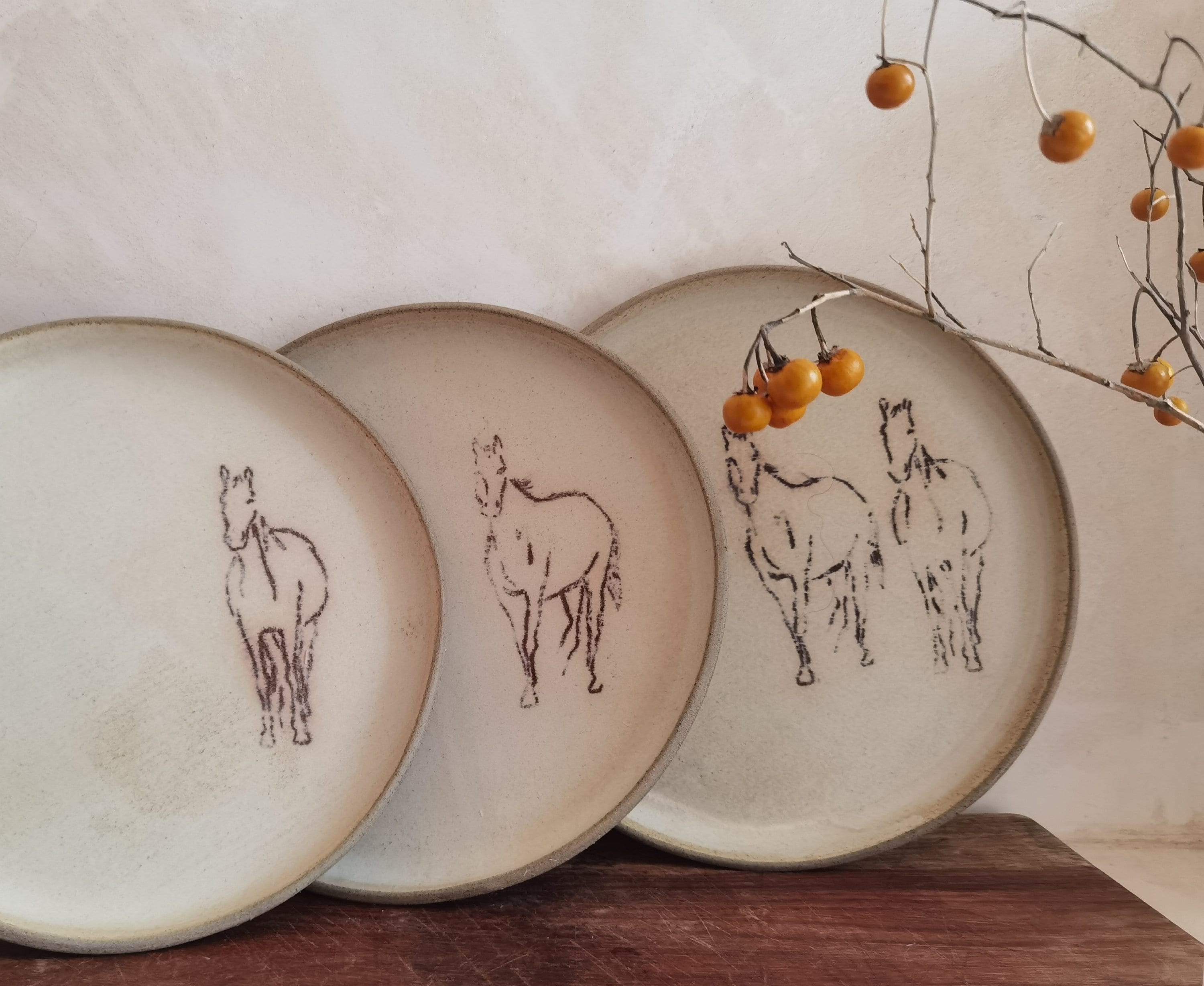 TWO large Ceramic Plates,  Horse Decorations, Unique pottery, Rustic style