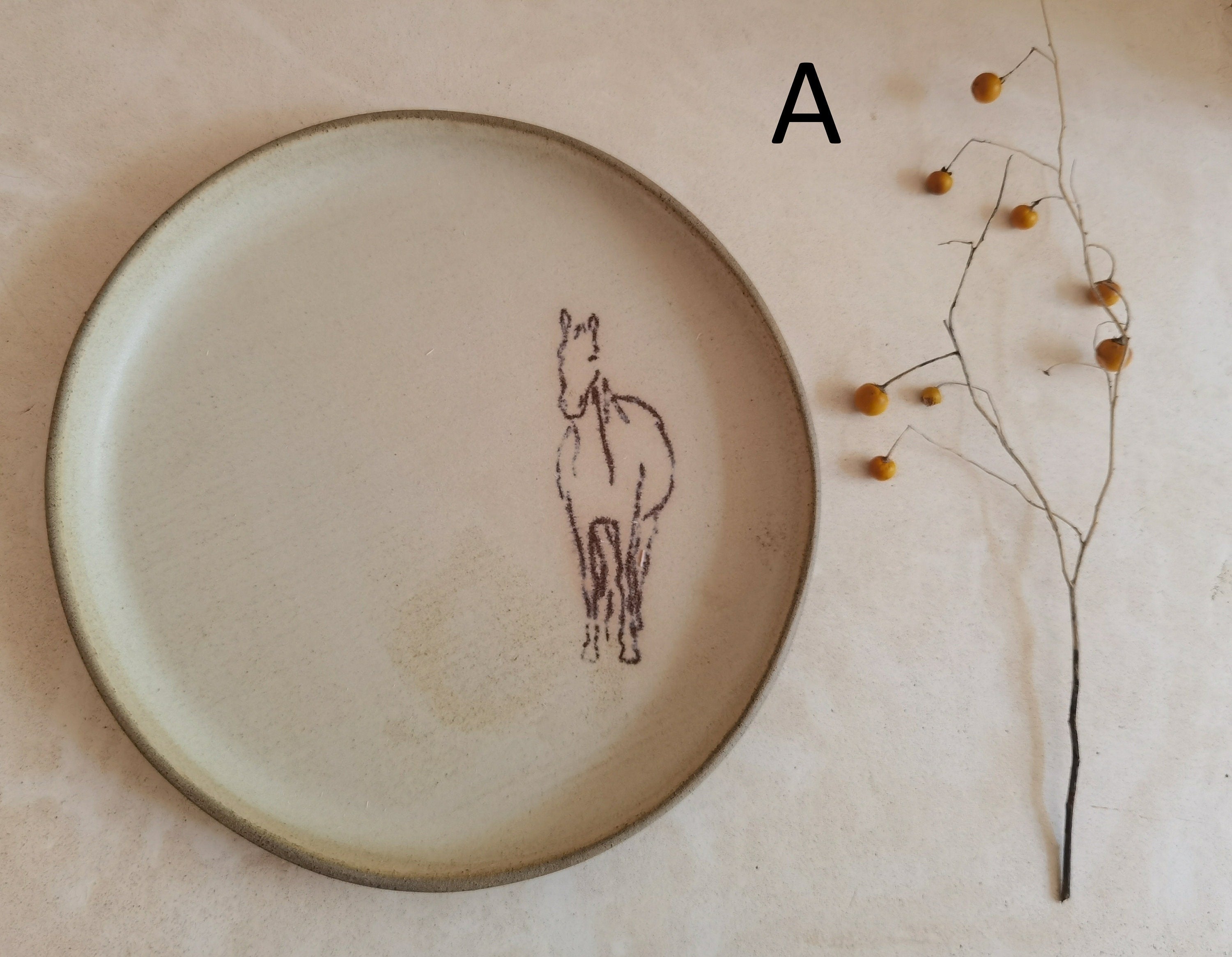 TWO large Ceramic Plates,  Horse Decorations, Unique pottery, Rustic style