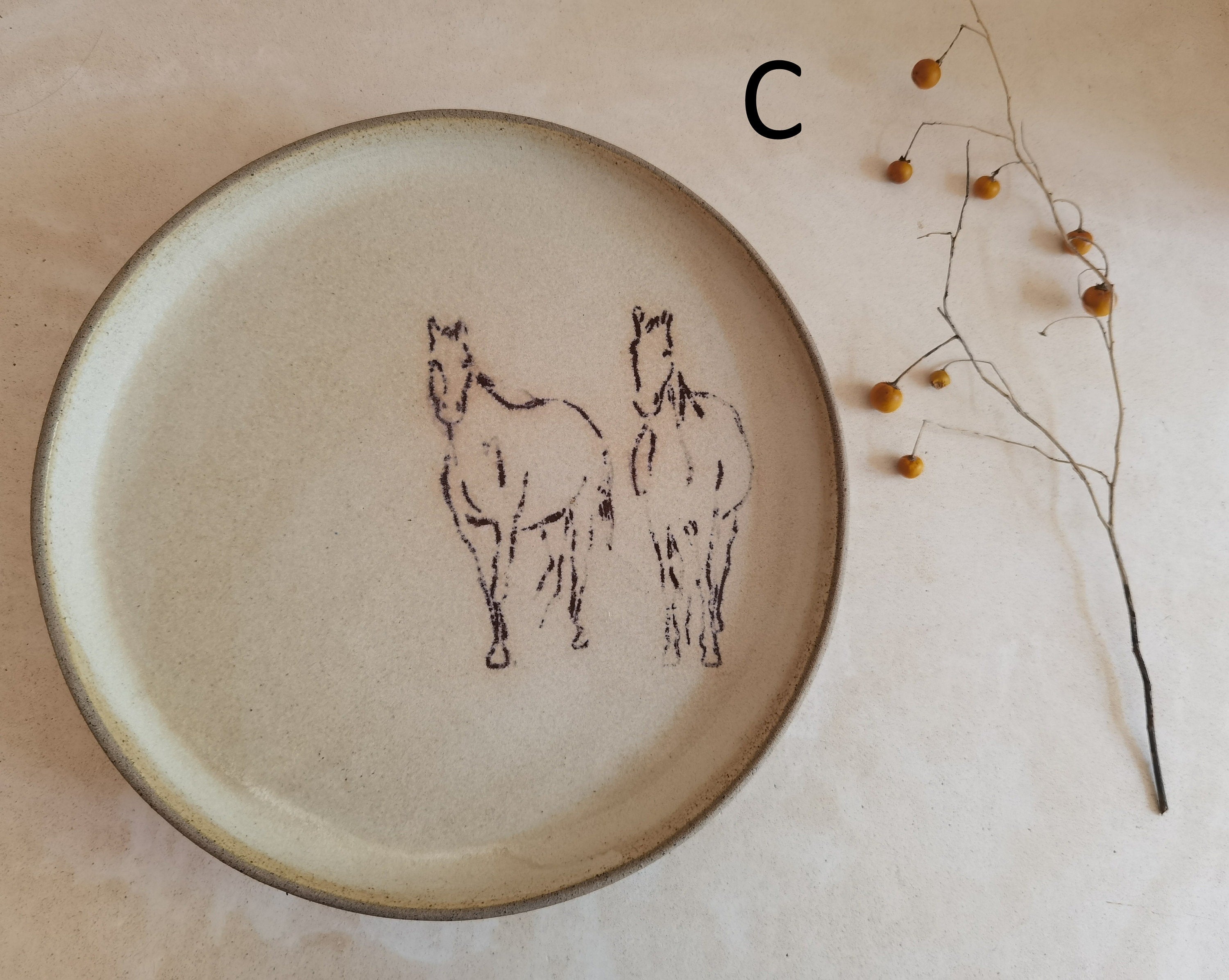 TWO large Ceramic Plates,  Horse Decorations, Unique pottery, Rustic style