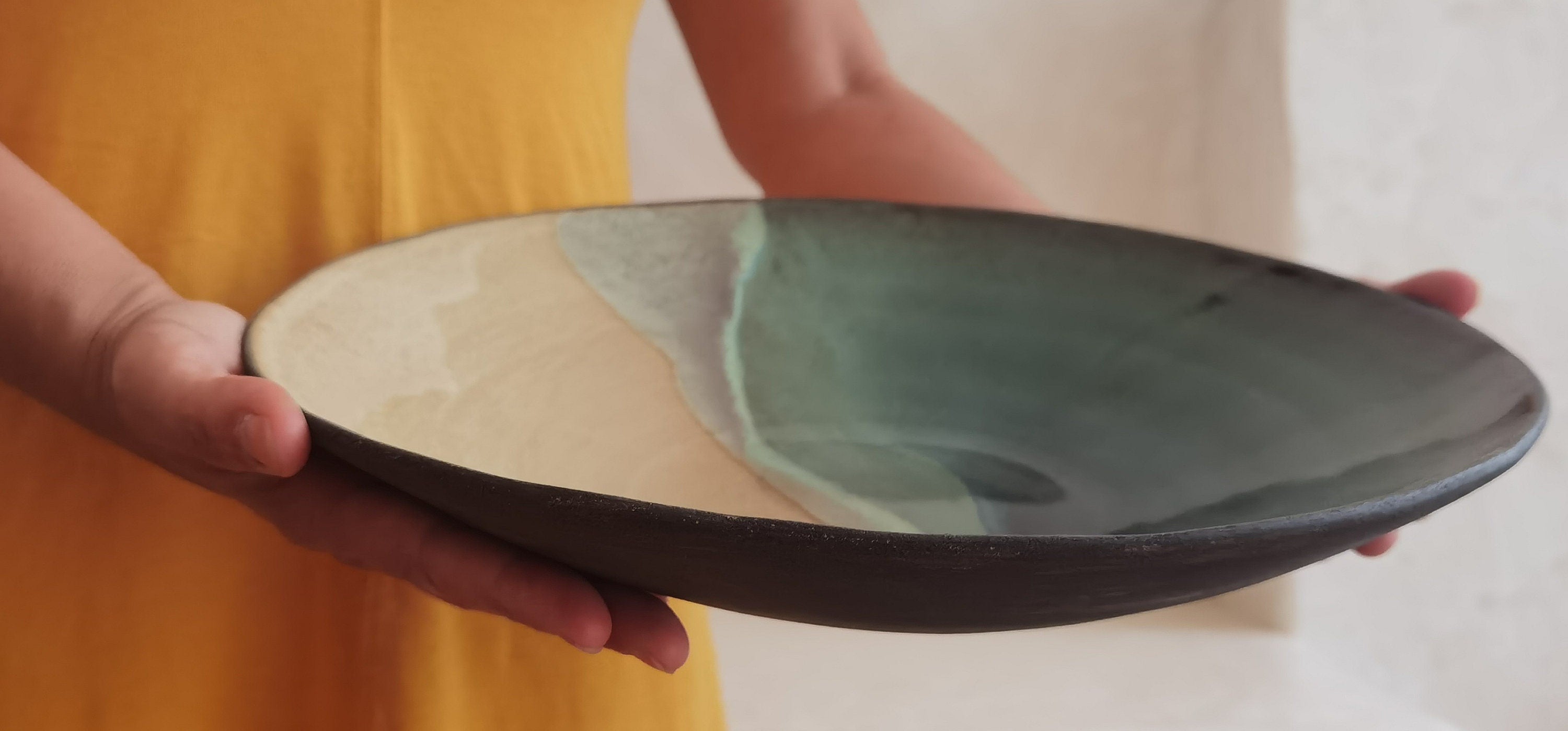 Large Ceramic Serving Bowl, Beige Turquoise Glaze