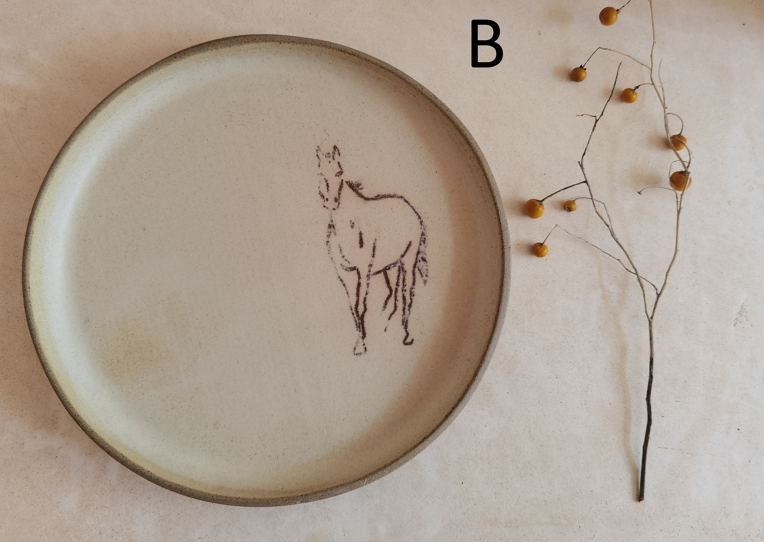TWO large Ceramic Plates,  Horse Decorations, Unique pottery, Rustic style