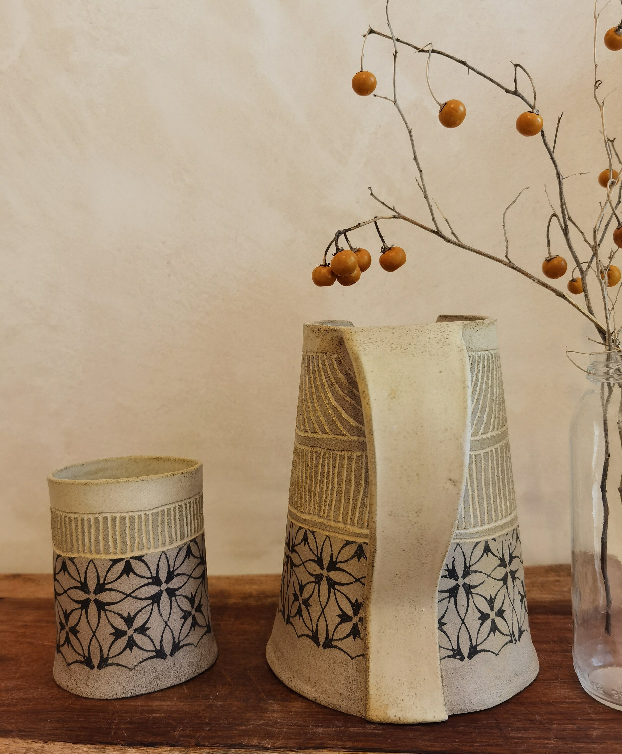 Handmade Ceramic Pitcher & Tumblers Set: Rustic Stoneware Drinkware