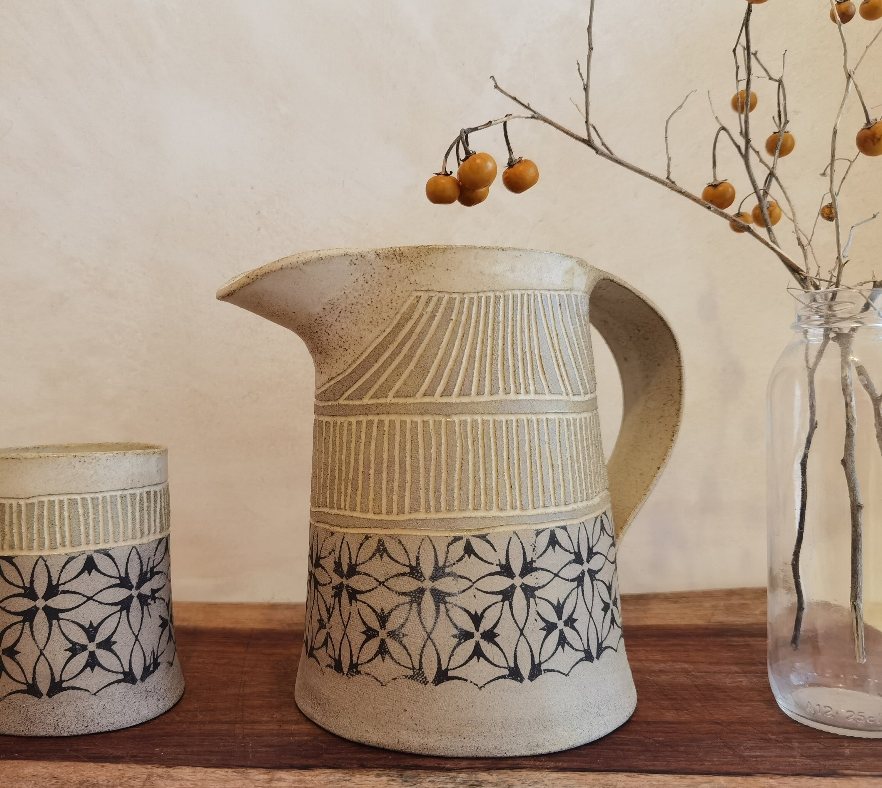 Handmade Ceramic Pitcher & Tumblers Set: Rustic Stoneware Drinkware