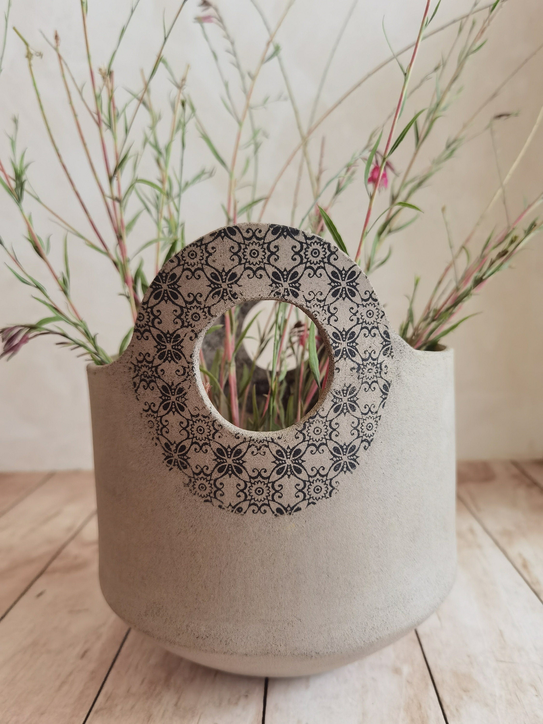 Handmade Ceramic Flower Vase: Light Brown Pottery with Handles