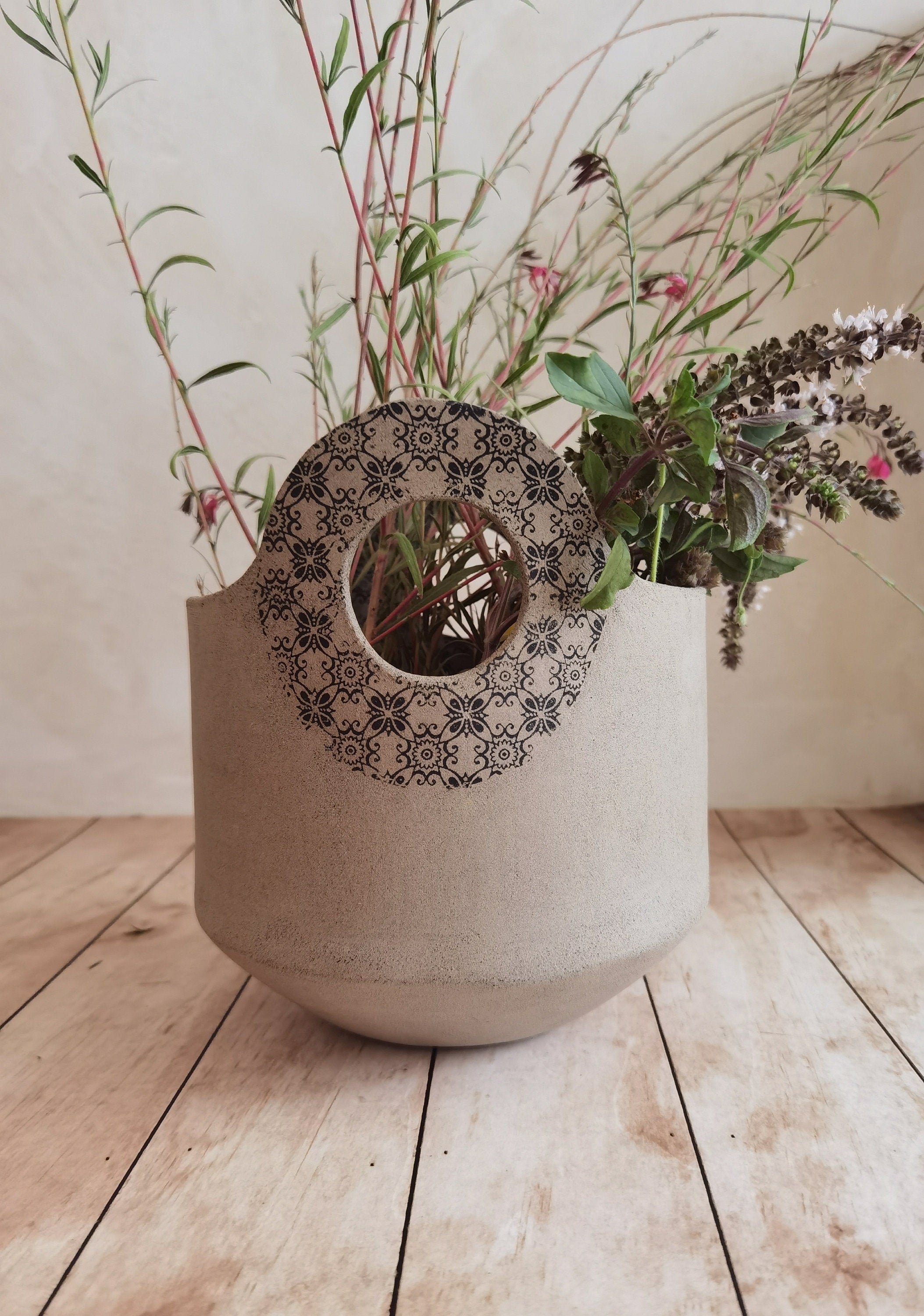 Handmade Ceramic Flower Vase: Light Brown Pottery with Handles