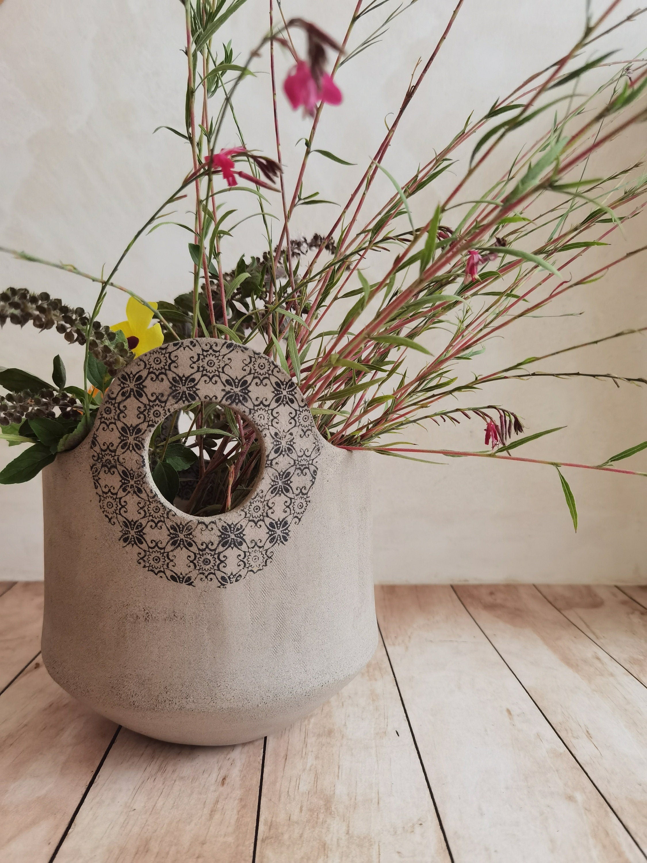 Handmade Ceramic Flower Vase: Light Brown Pottery with Handles