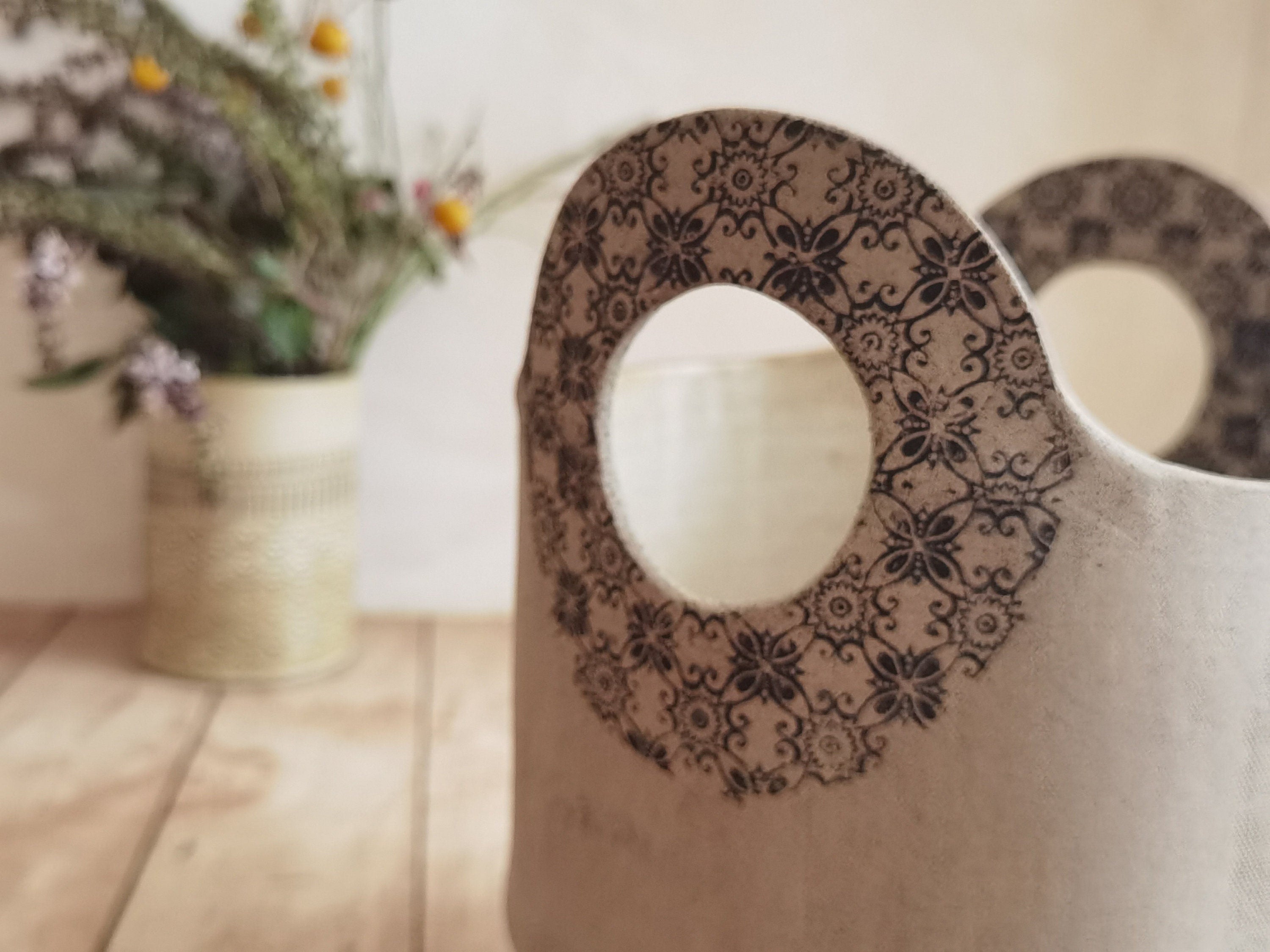 Handmade Ceramic Flower Vase: Light Brown Pottery with Handles