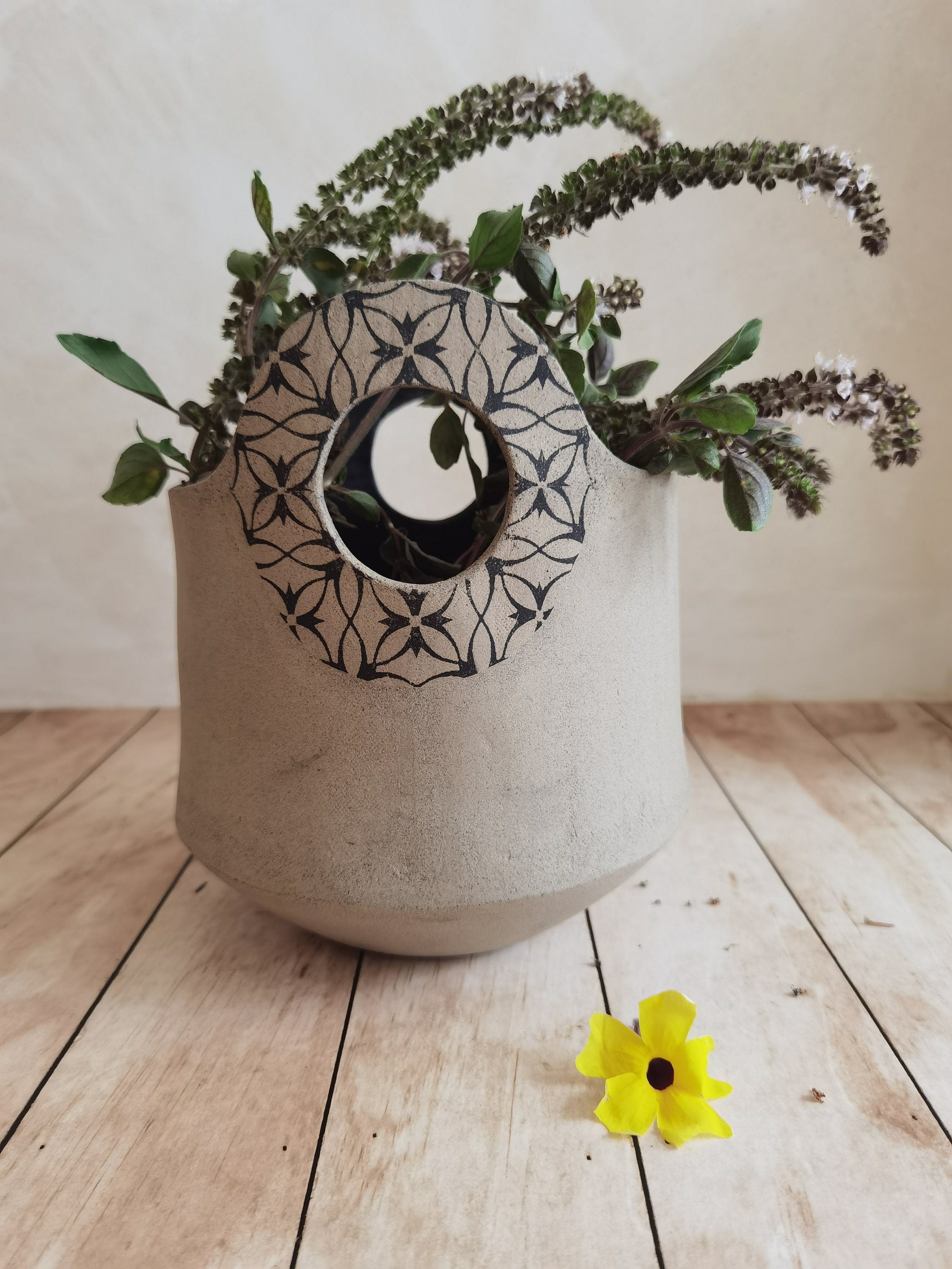 Handmade Ceramic Flower Vase: Light Brown Pottery with Handles