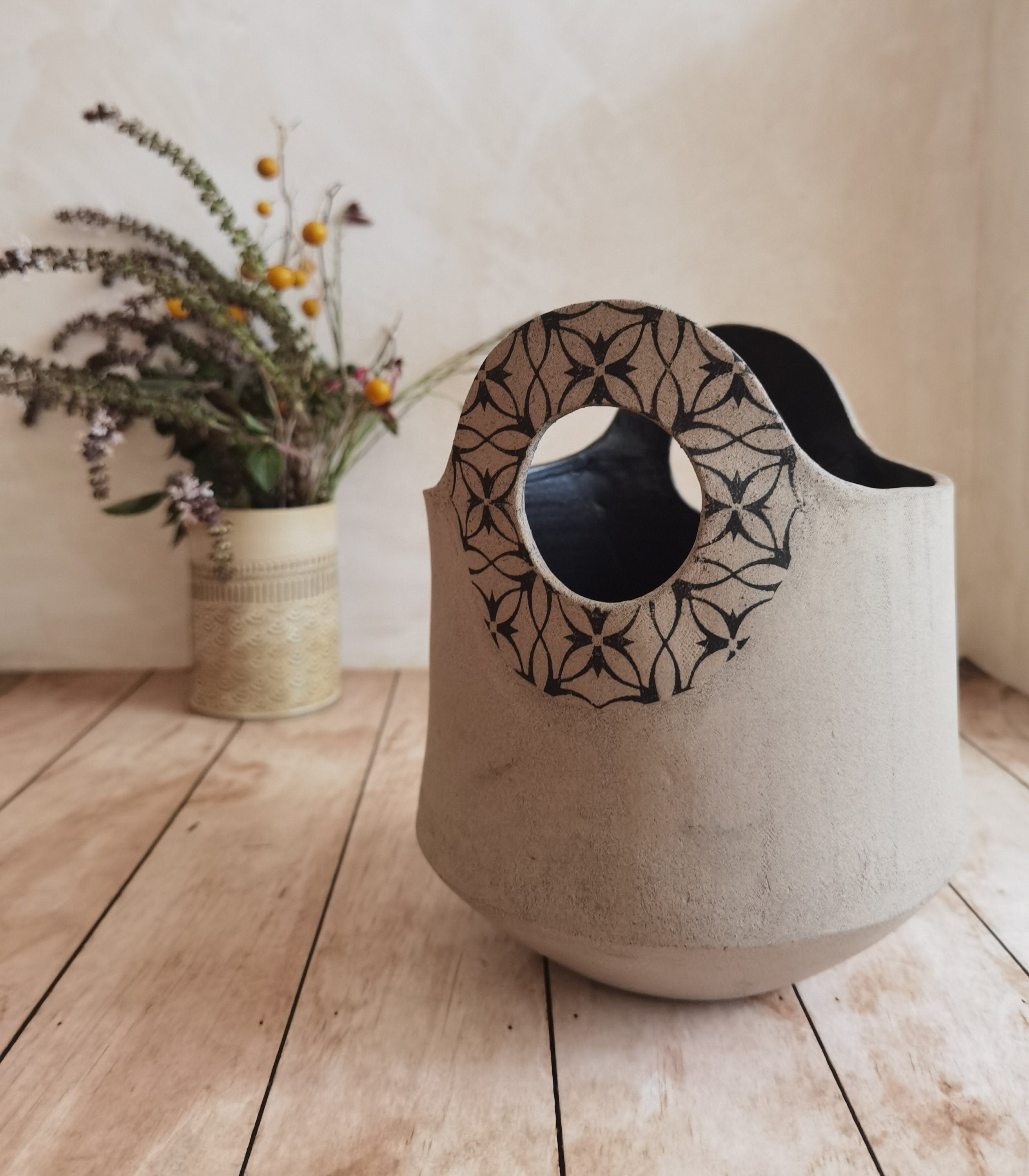 Handmade Ceramic Flower Vase: Light Brown Pottery with Handles