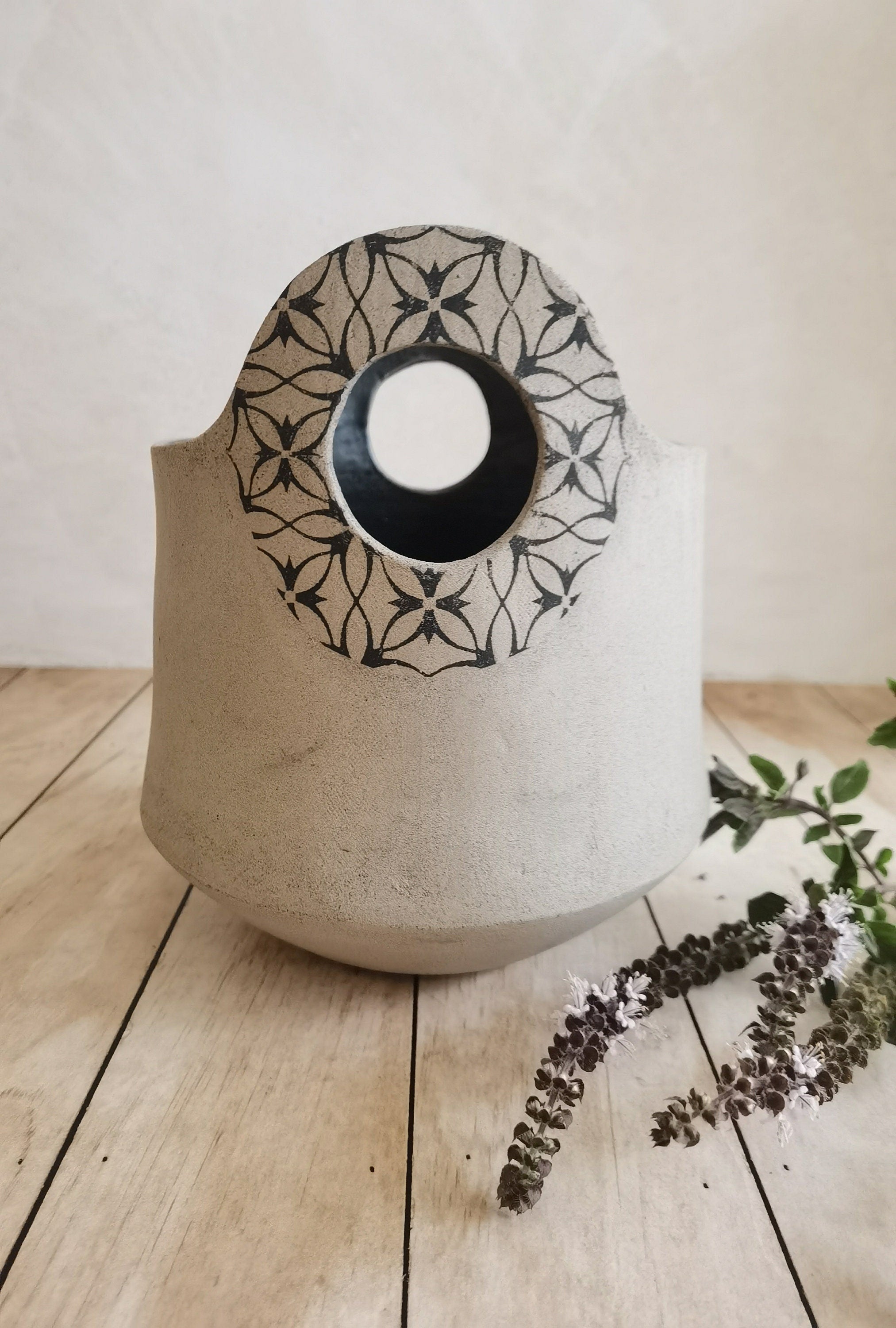 Handmade Ceramic Flower Vase: Light Brown Pottery with Handles