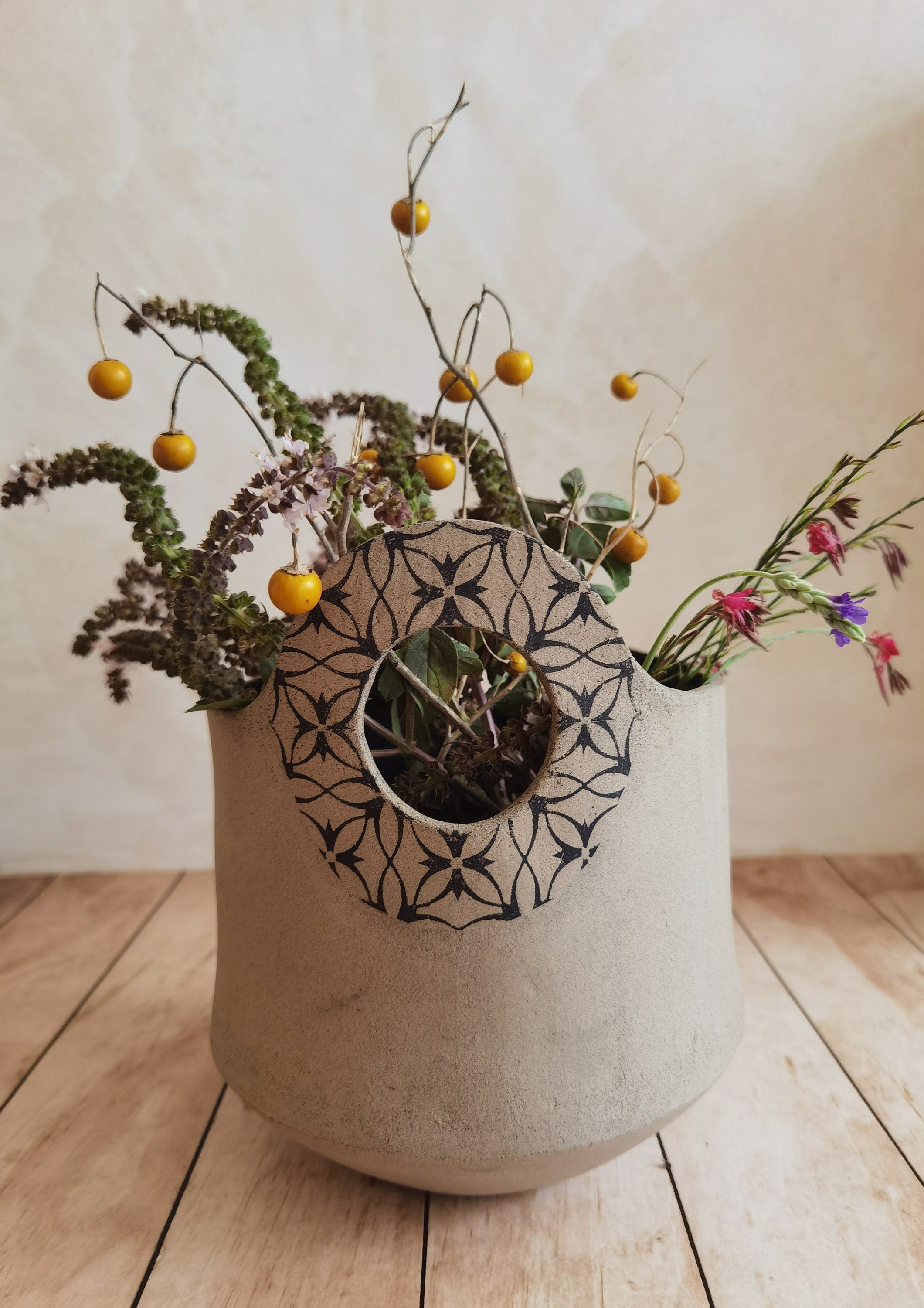 Handmade Ceramic Flower Vase: Light Brown Pottery with Handles
