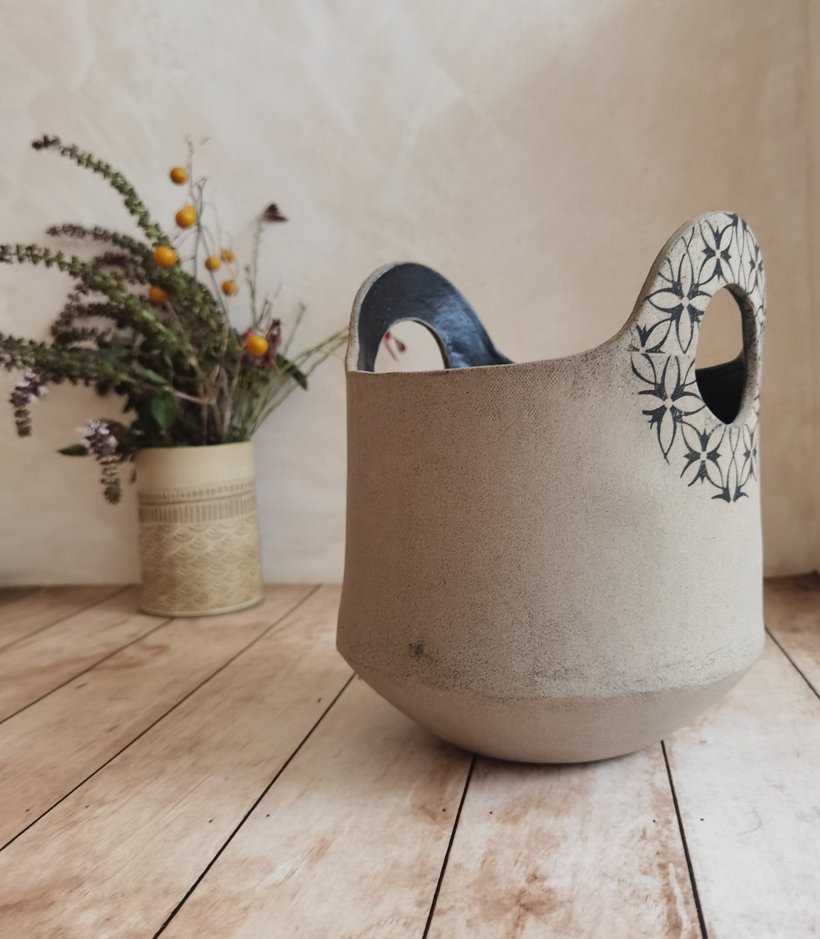 Handmade Ceramic Flower Vase: Light Brown Pottery with Handles