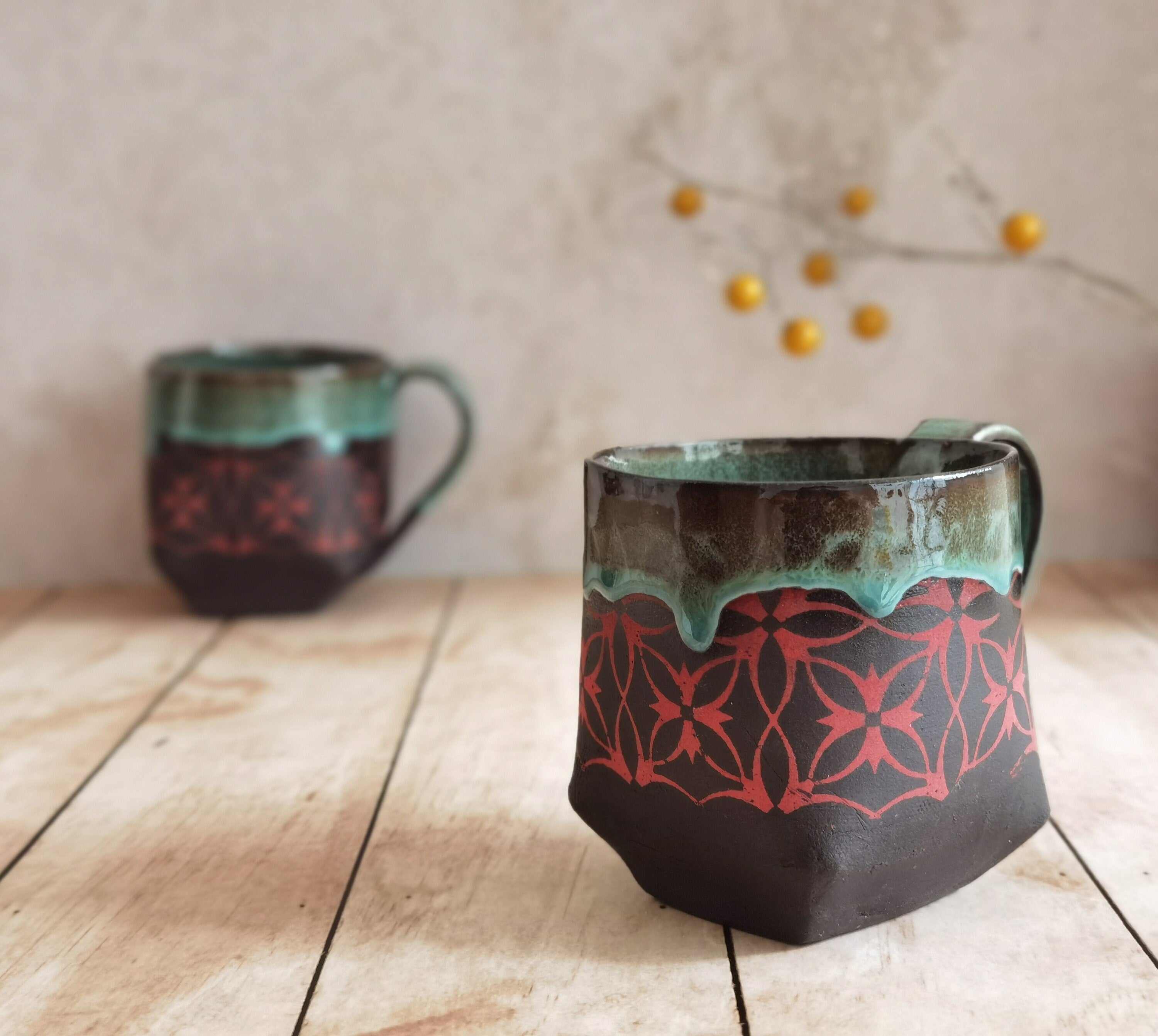 Black & Turquoise Ceramic Mug: Handmade Pottery Cup