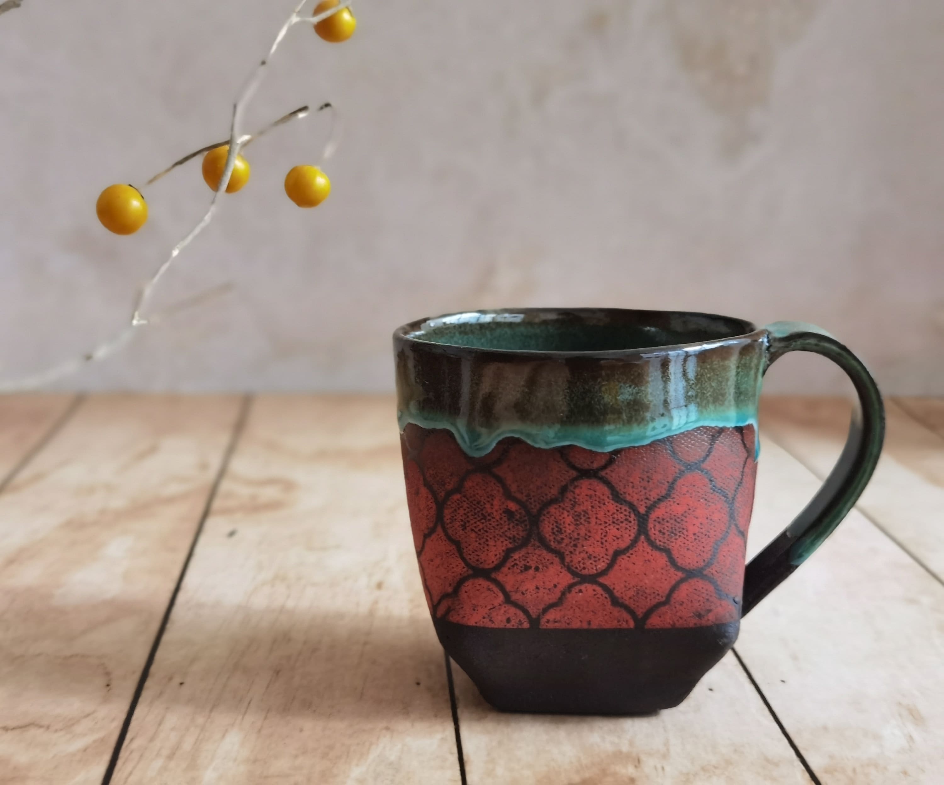 Black & Turquoise Ceramic Mug: Handmade Pottery Cup