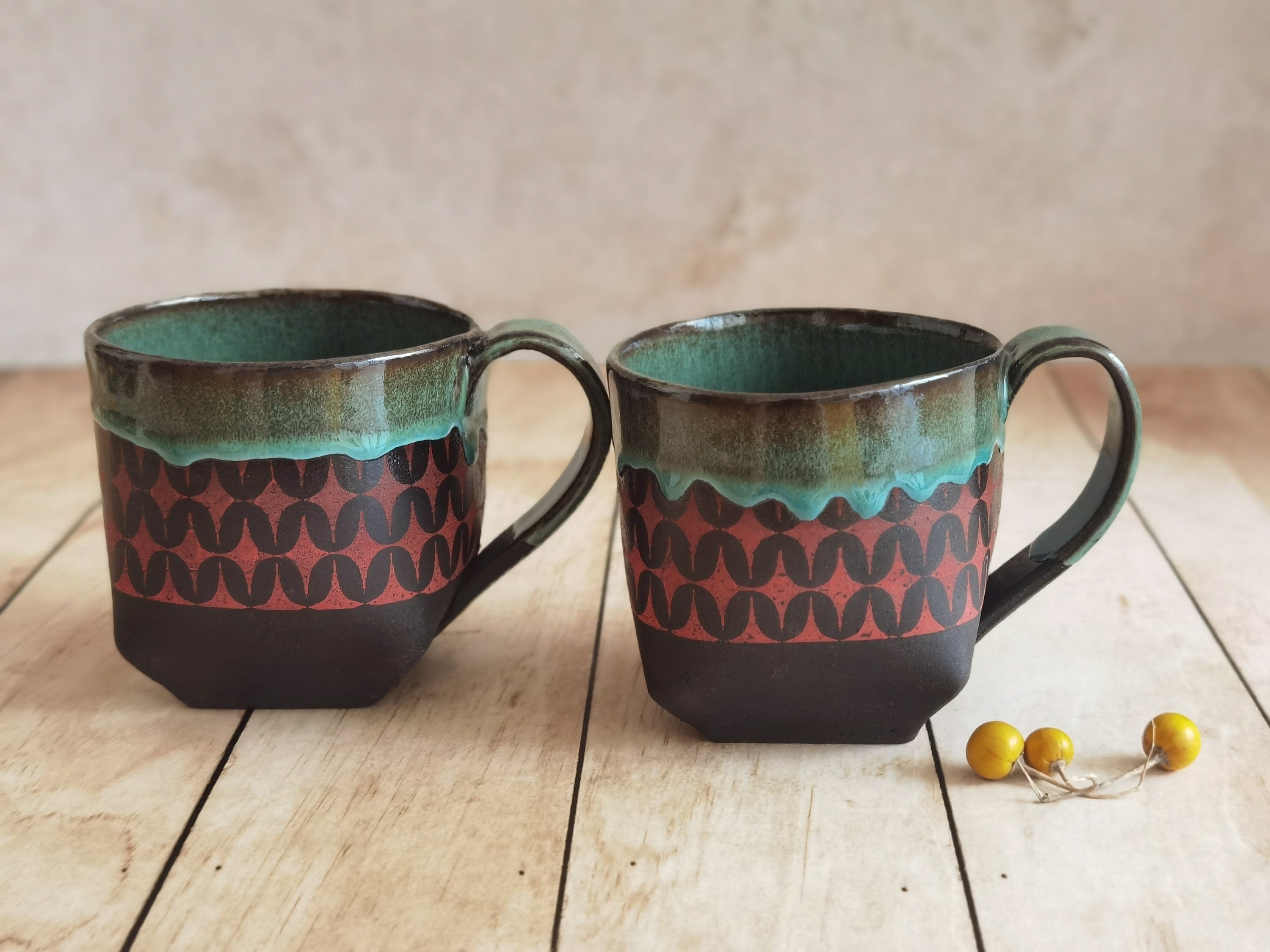 Handmade Ceramic Mugs Set: Turquoise & Red Pottery Cups