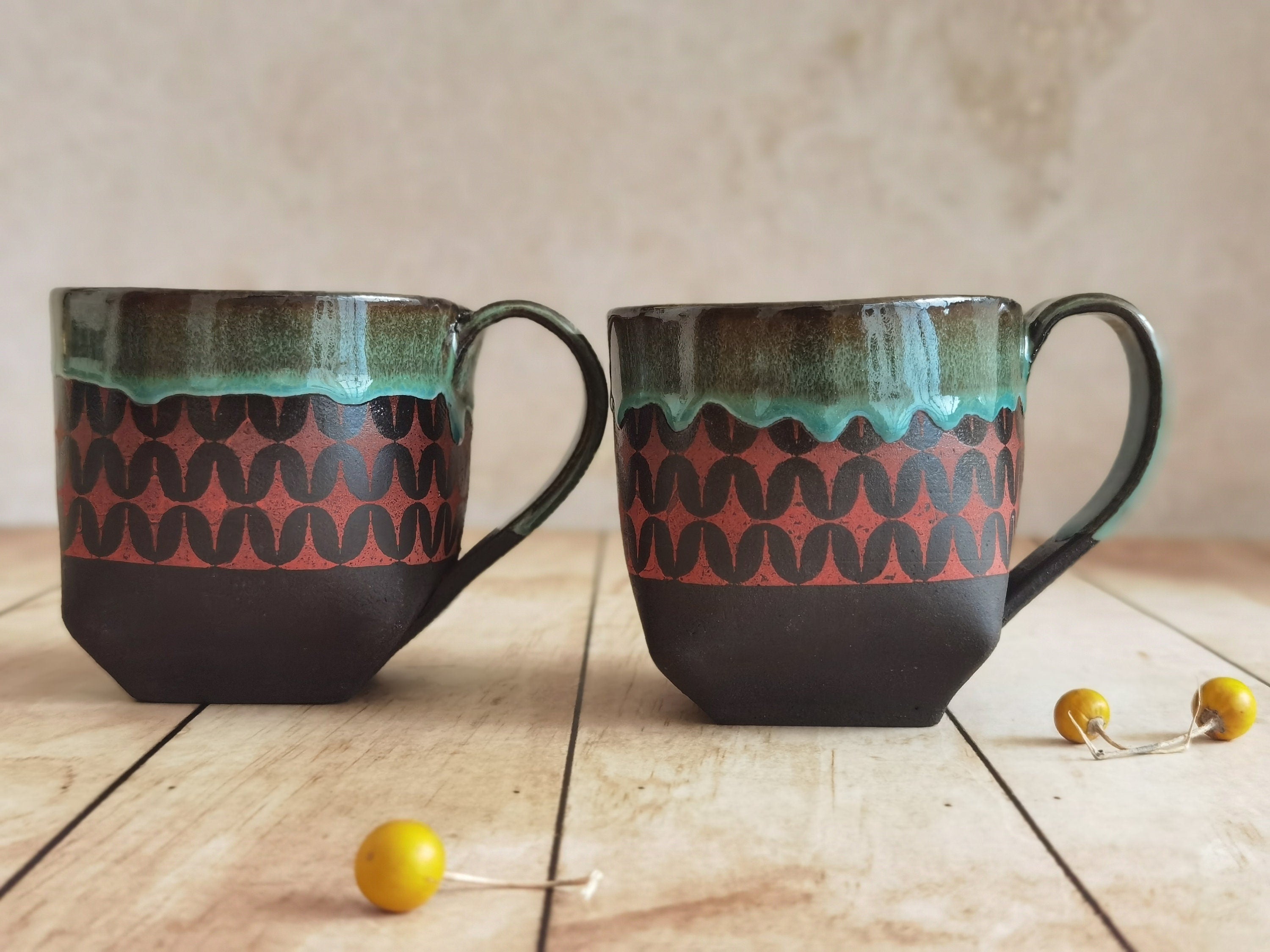 Handmade Ceramic Mugs Set: Turquoise & Red Pottery Cups