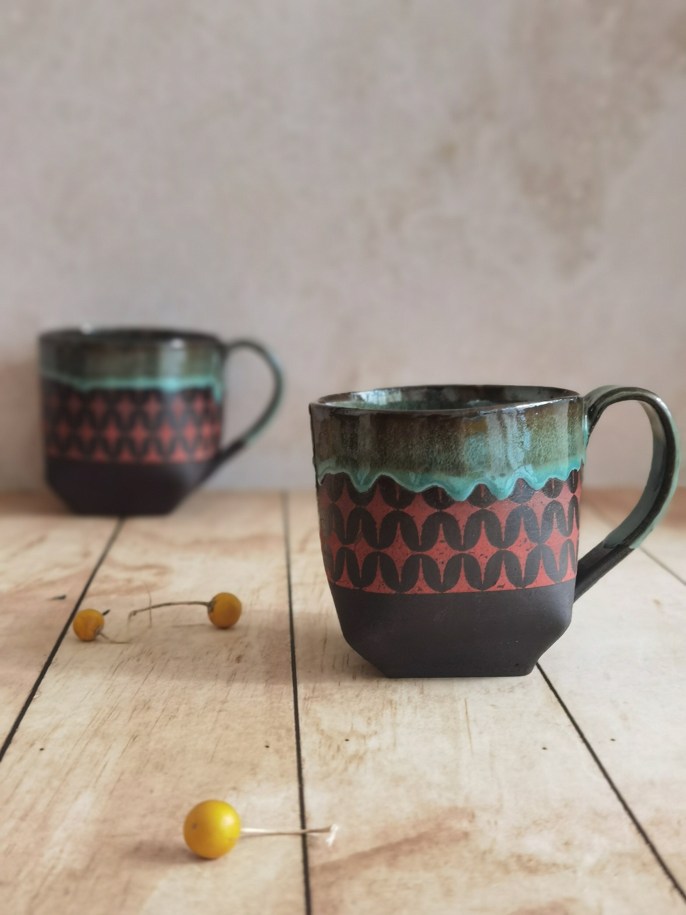 Handmade Ceramic Mugs Set: Turquoise & Red Pottery Cups