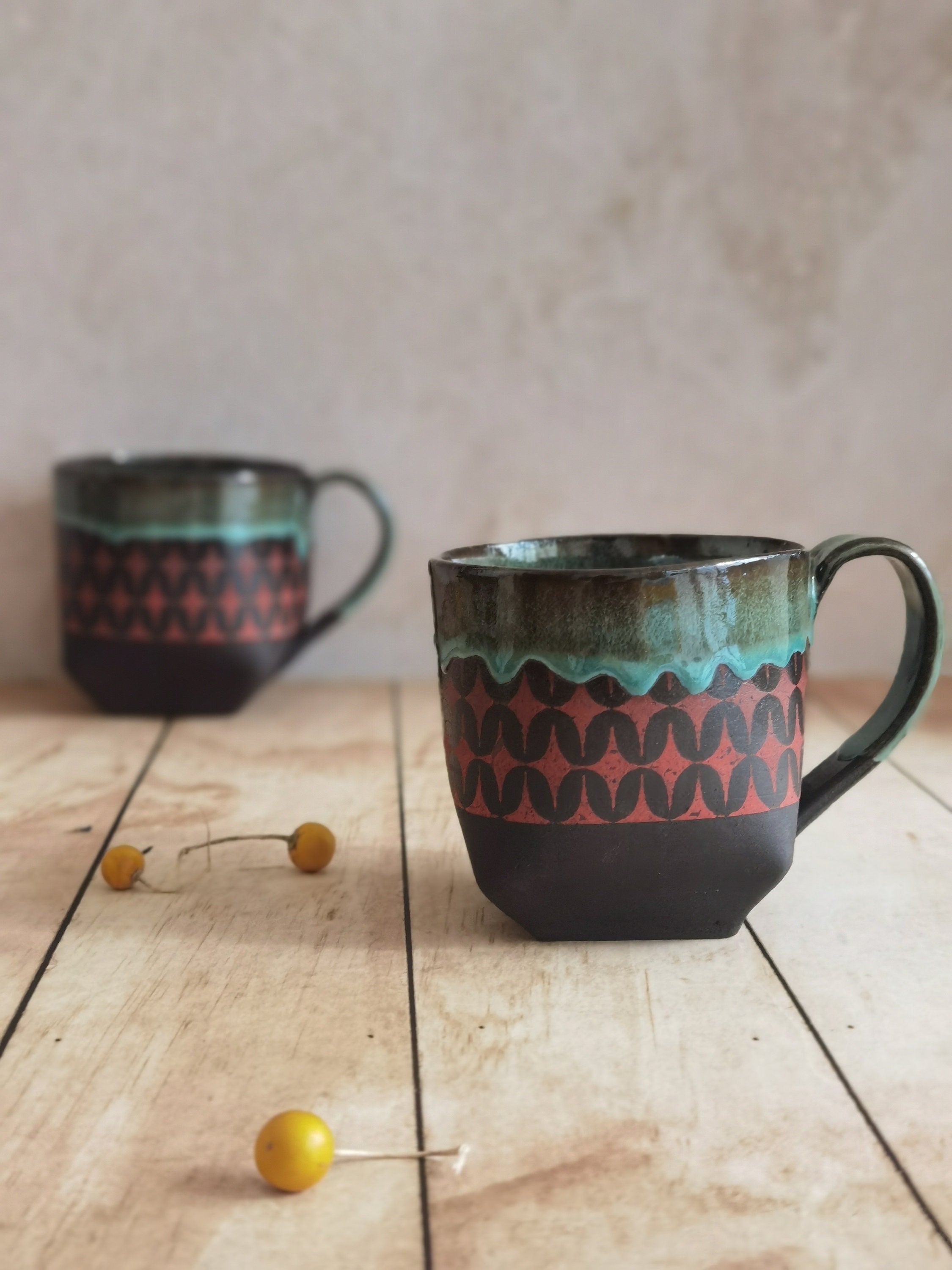 Handmade Ceramic Mug: Black, Turquoise & Red Pottery Cup