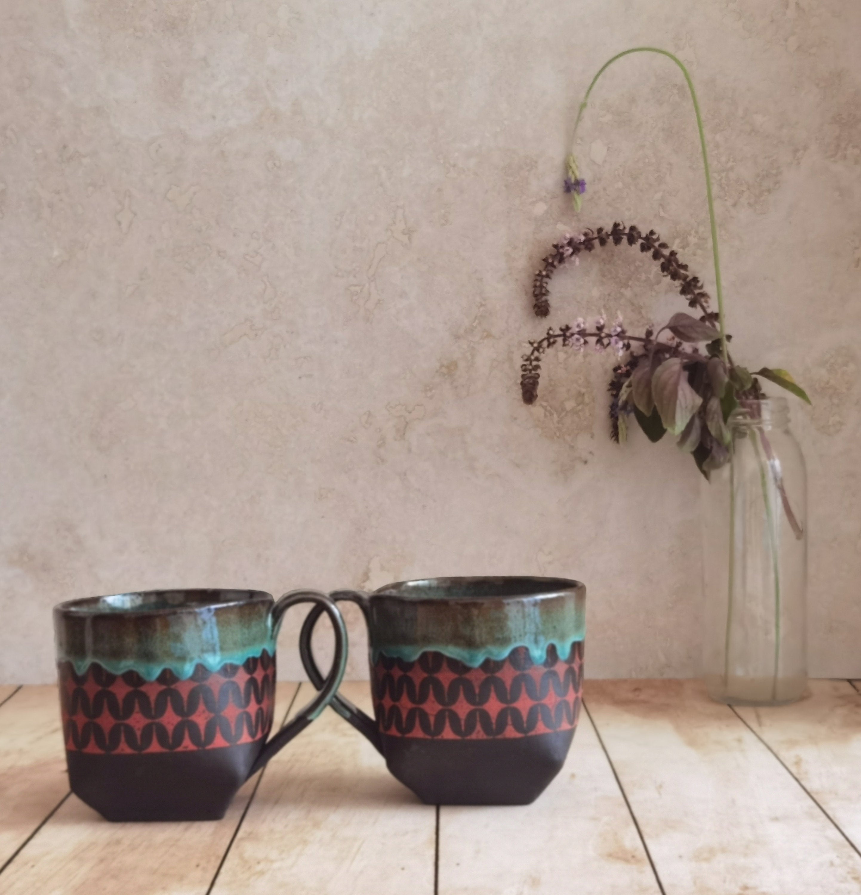 Handmade Ceramic Mugs Set: Turquoise & Red Pottery Cups