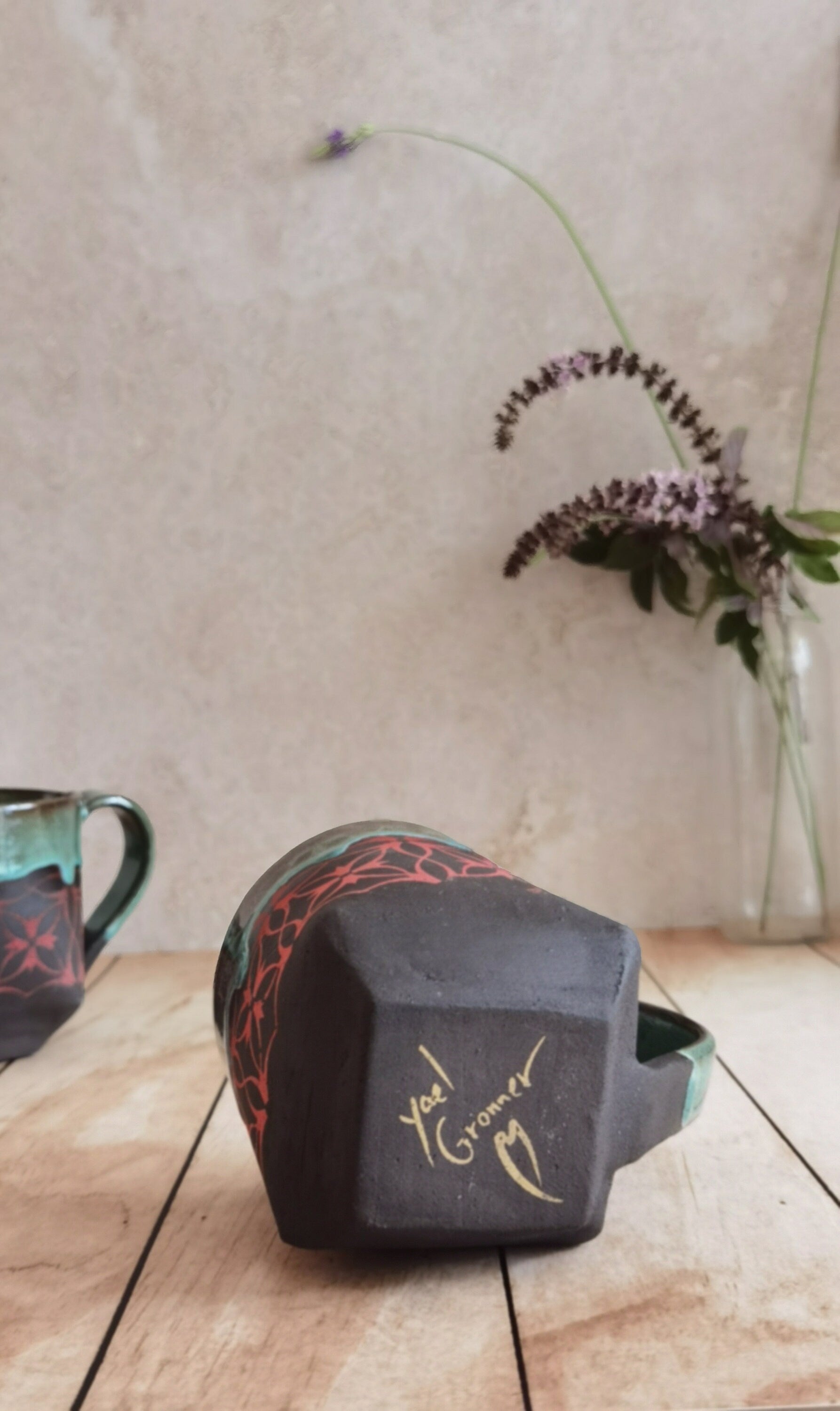 Ceramic Mug Set: Handmade Turquoise & Red Pottery Cups