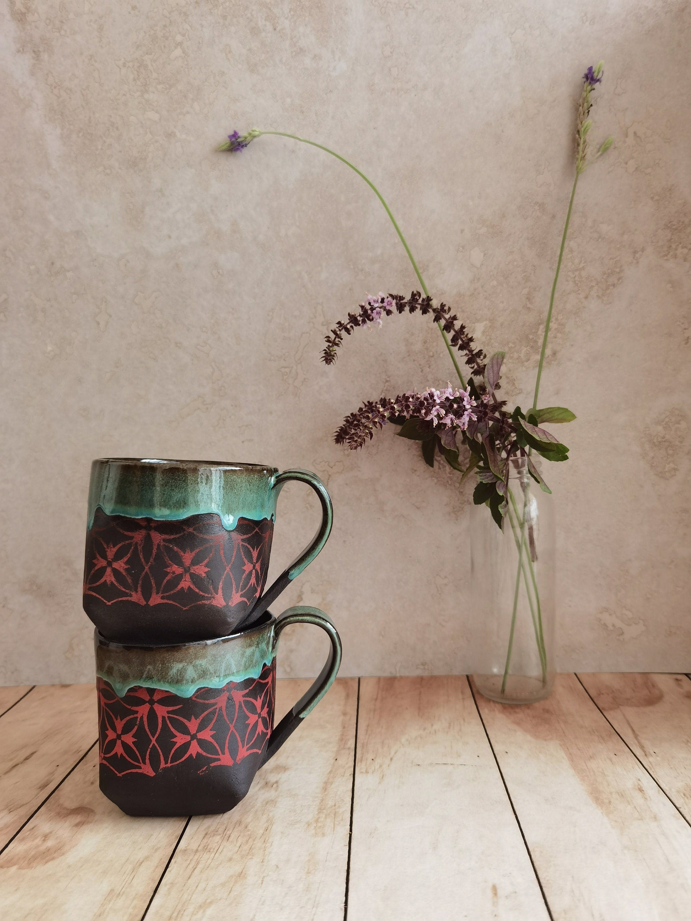 Ceramic Mug Set: Handmade Turquoise & Red Pottery Cups