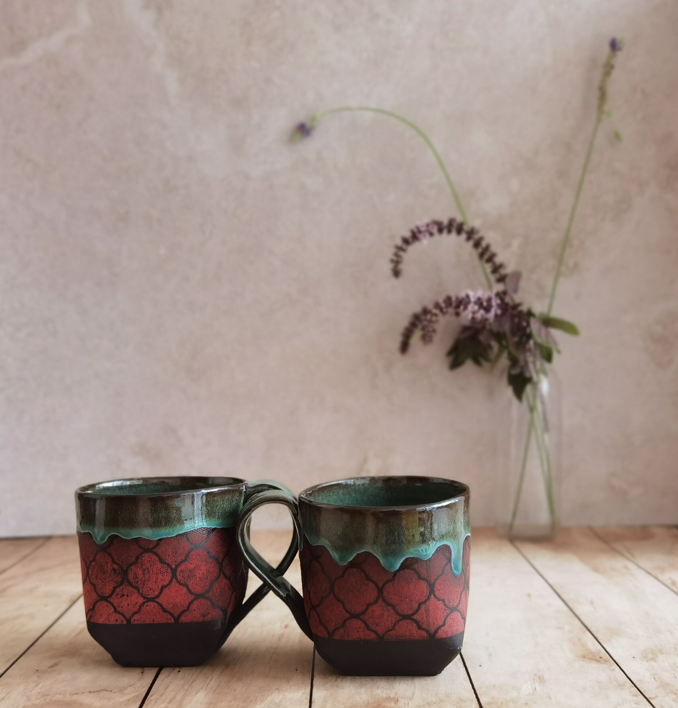 Set of 2 Handmade Ceramic Mugs: Turquoise & Red Pottery Cups