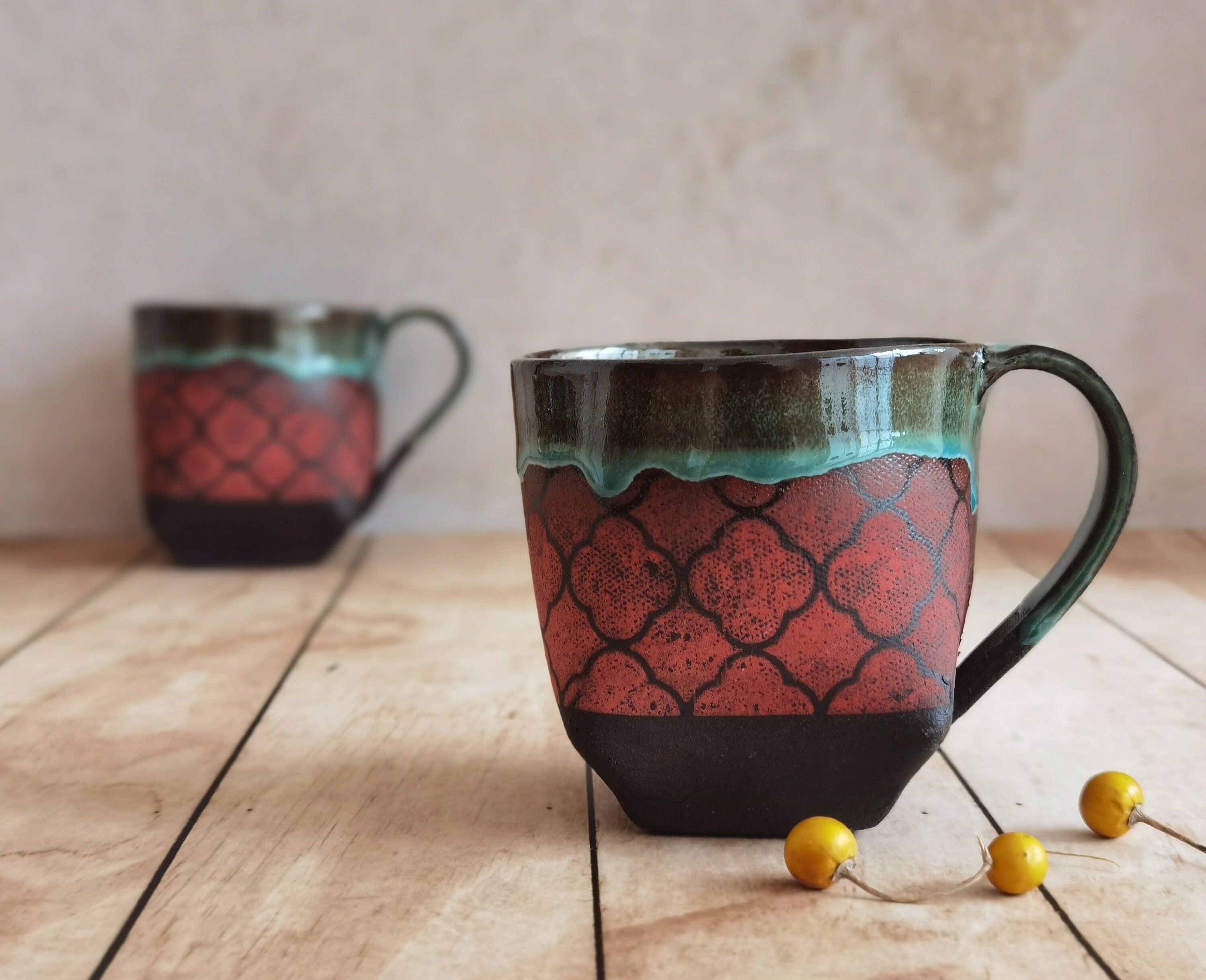 Set of 2 Handmade Ceramic Mugs: Turquoise & Red Pottery Cups