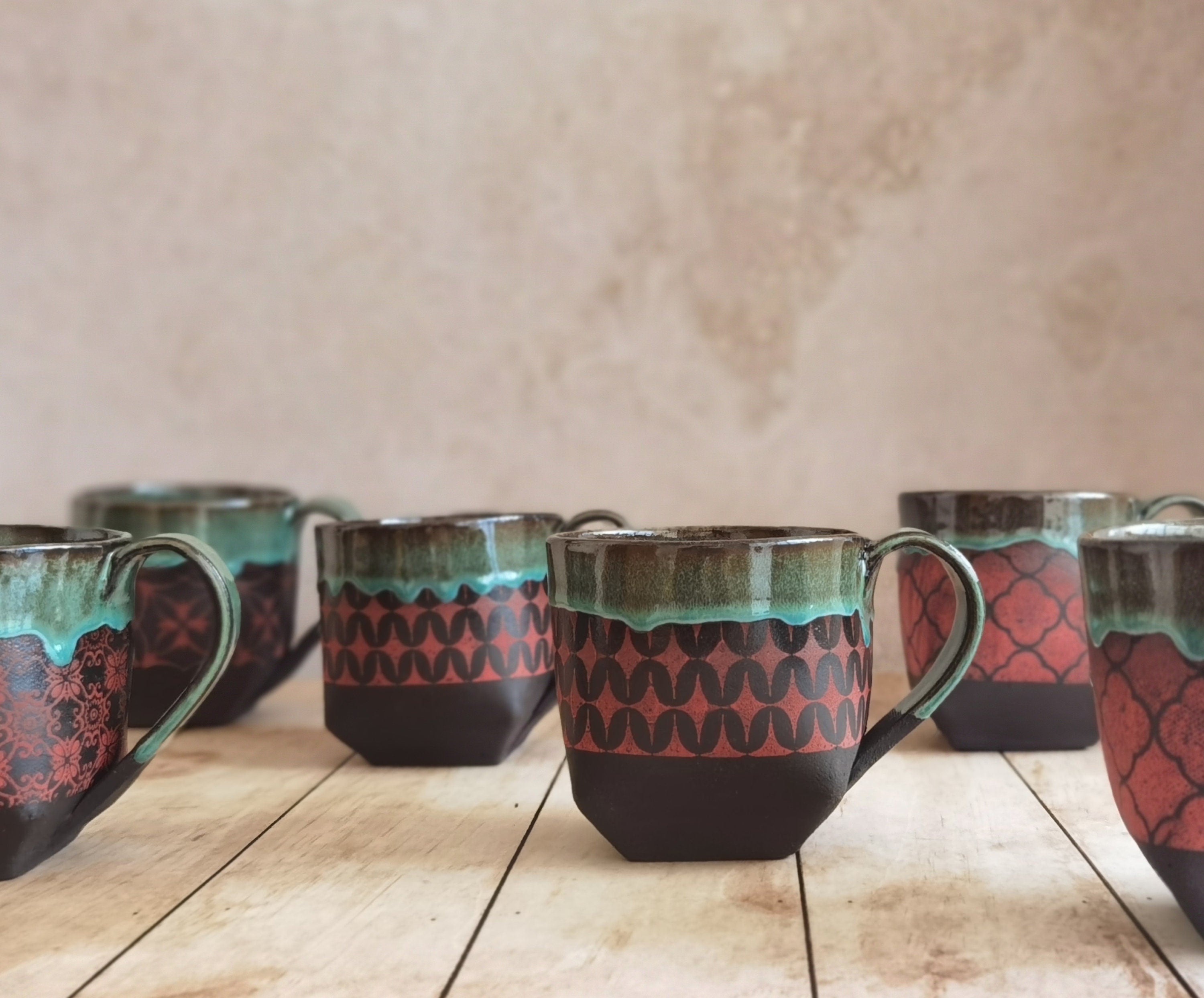 Handmade Ceramic Mug Set: Turquoise & Red Pottery Cups