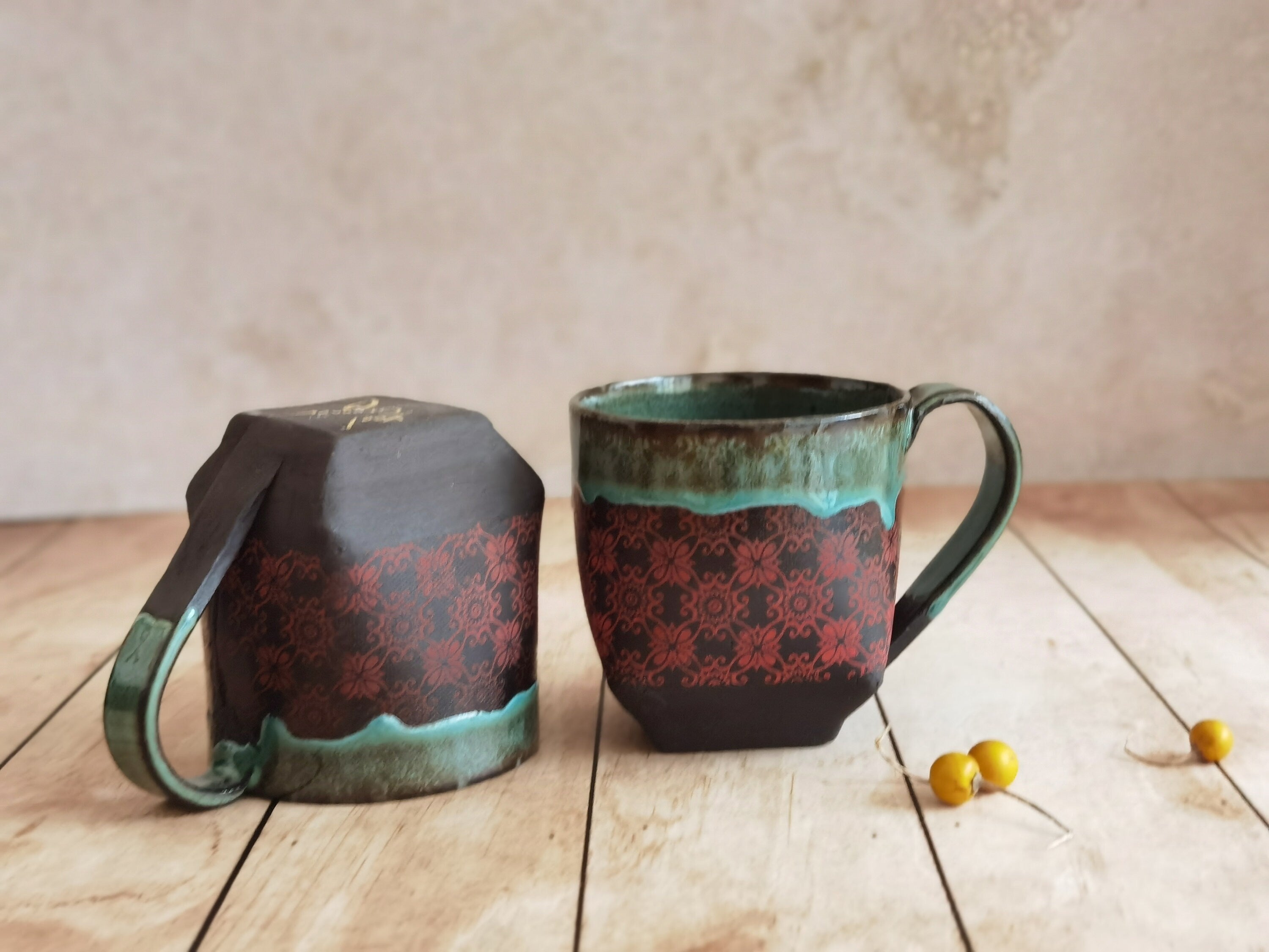 Handmade Ceramic Mug Set: Turquoise & Red Pottery Cups