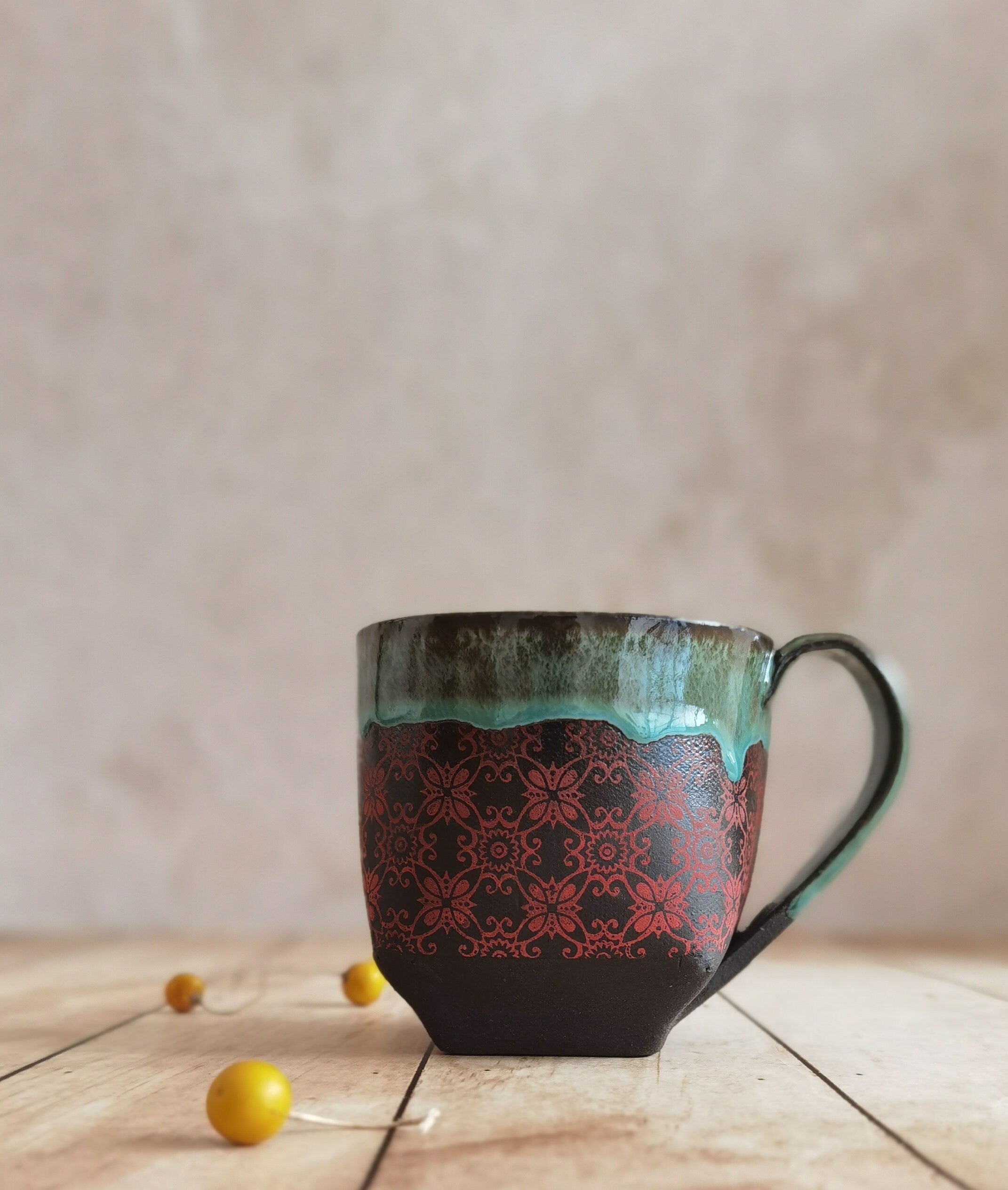 Black & Turquoise Ceramic Mug: Handmade Pottery Cup