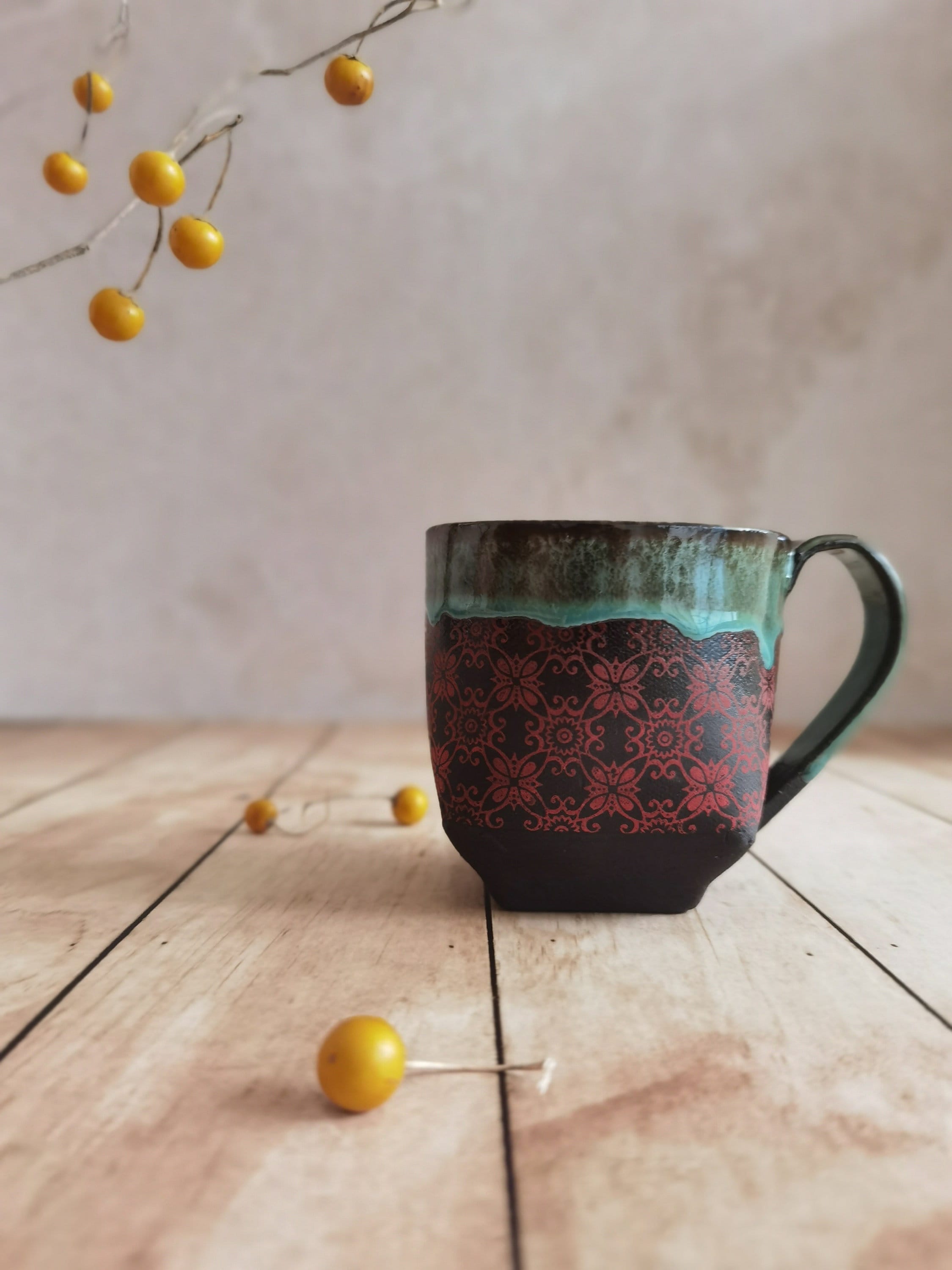 Black & Turquoise Ceramic Mug: Handmade Pottery Cup