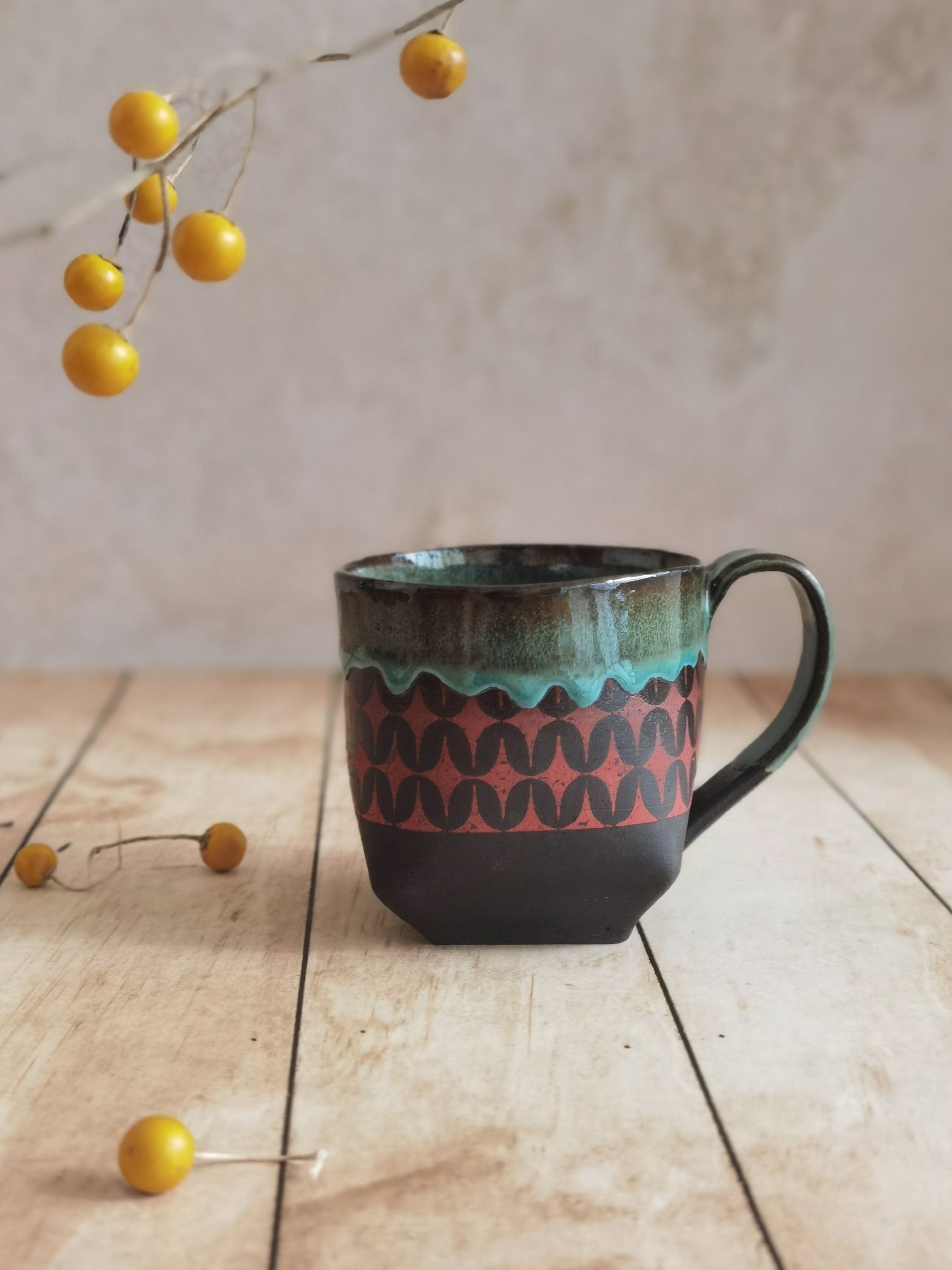 Handmade Ceramic Mug: Black, Turquoise & Red Pottery Cup