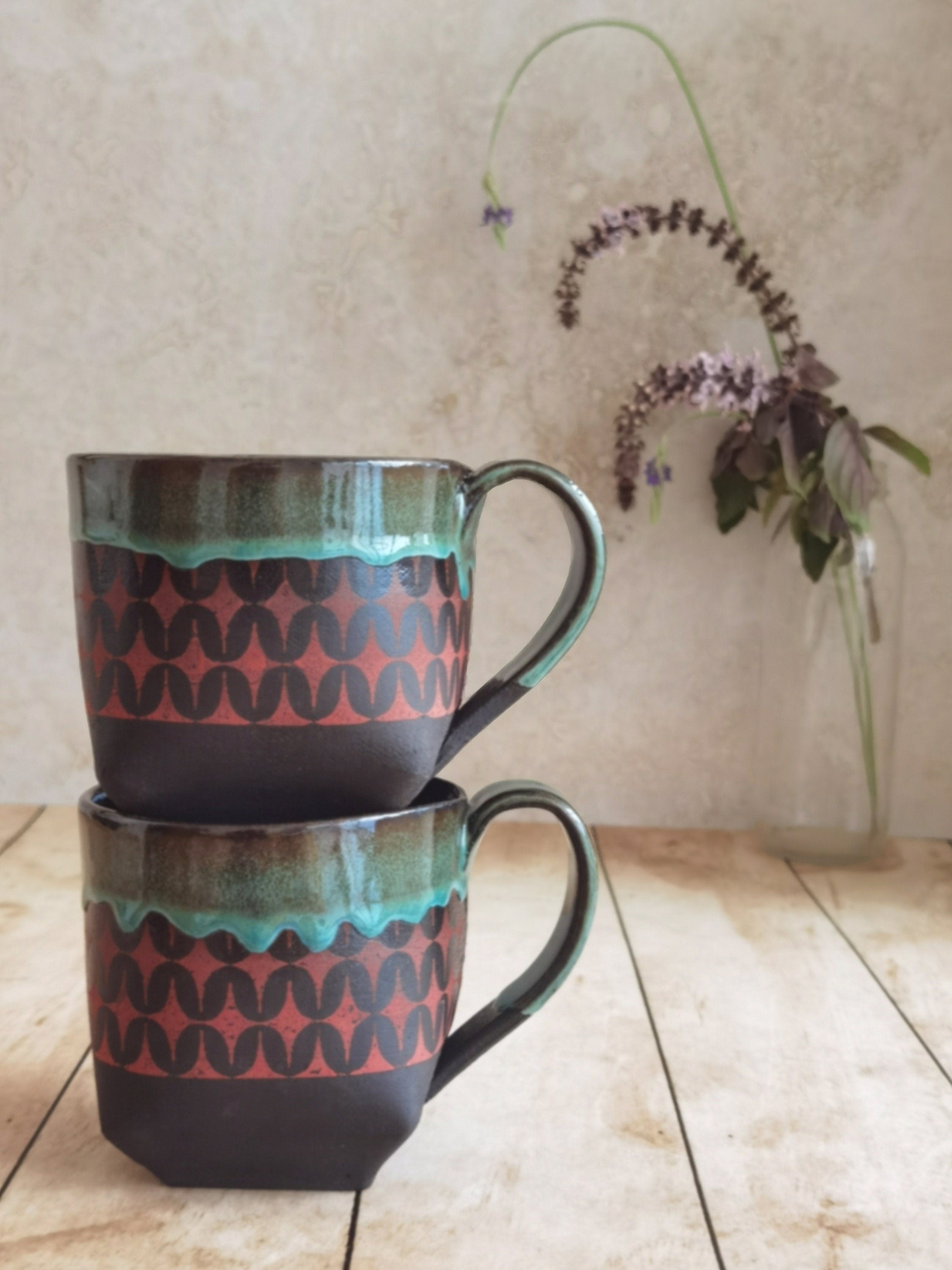 Handmade Ceramic Mugs Set: Turquoise & Red Pottery Cups