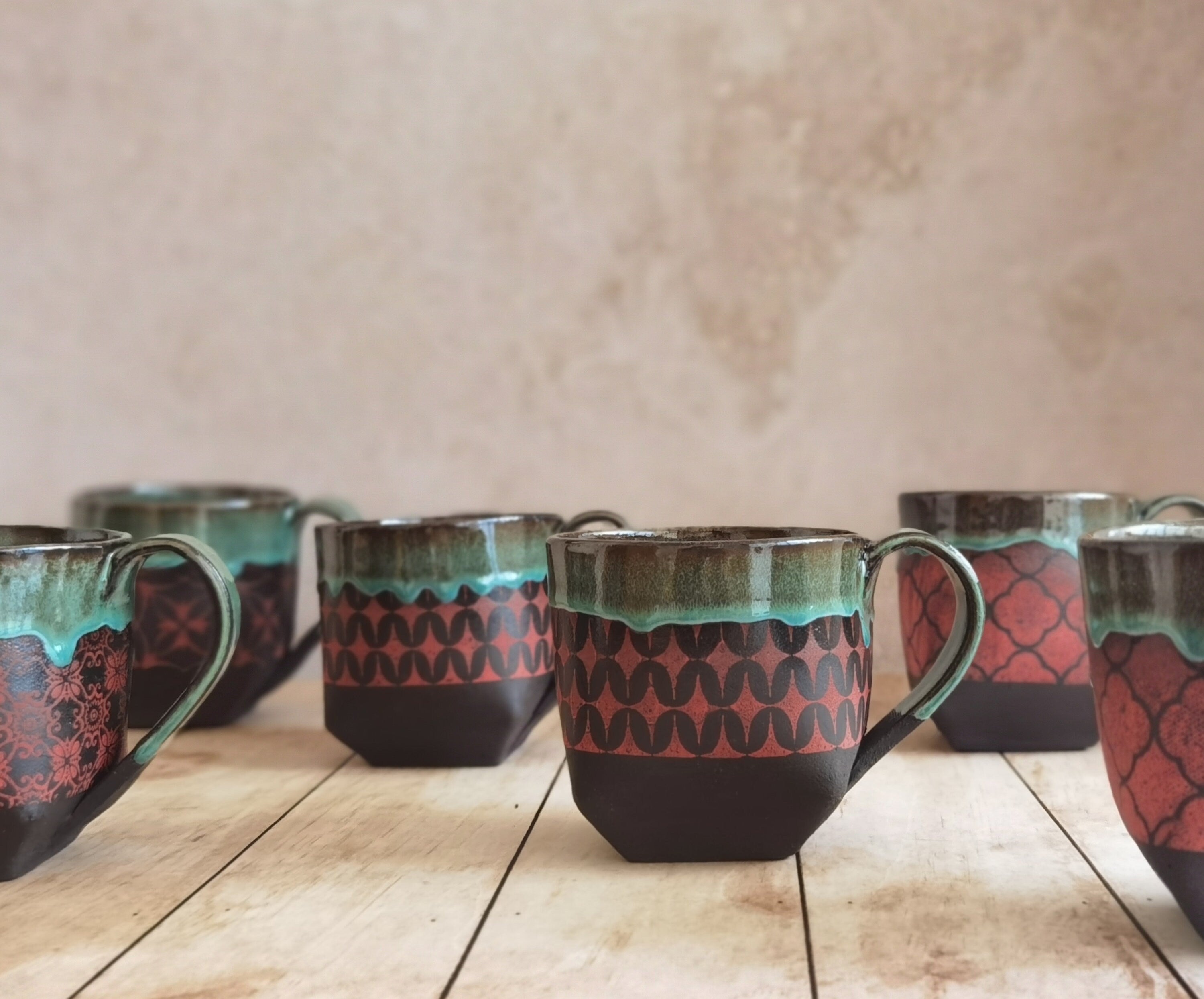 Handmade Ceramic Mugs Set: Turquoise & Red Pottery Cups