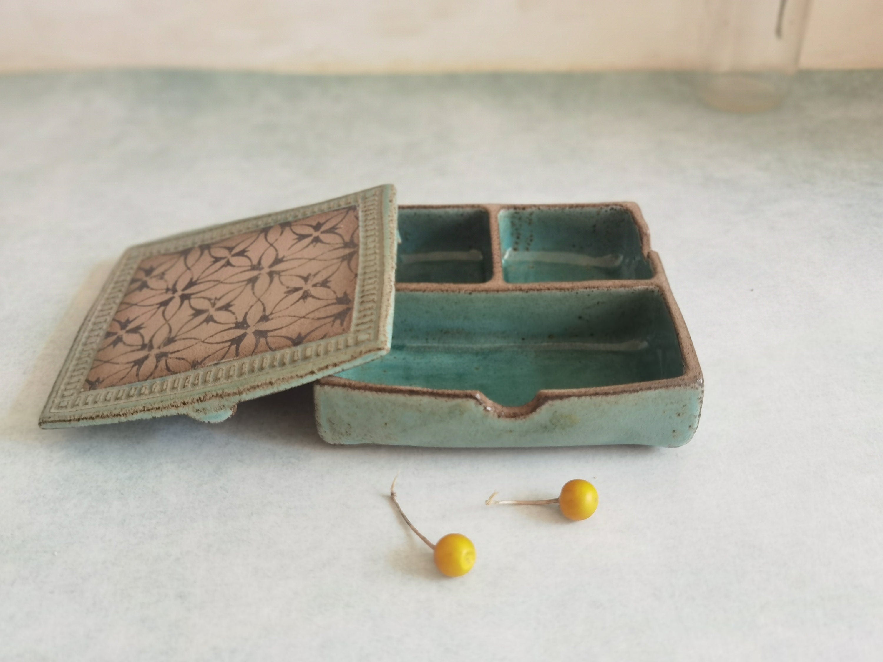 Turquoise Ceramic Pottery Box: Handmade Spice & Jewelry Organizer