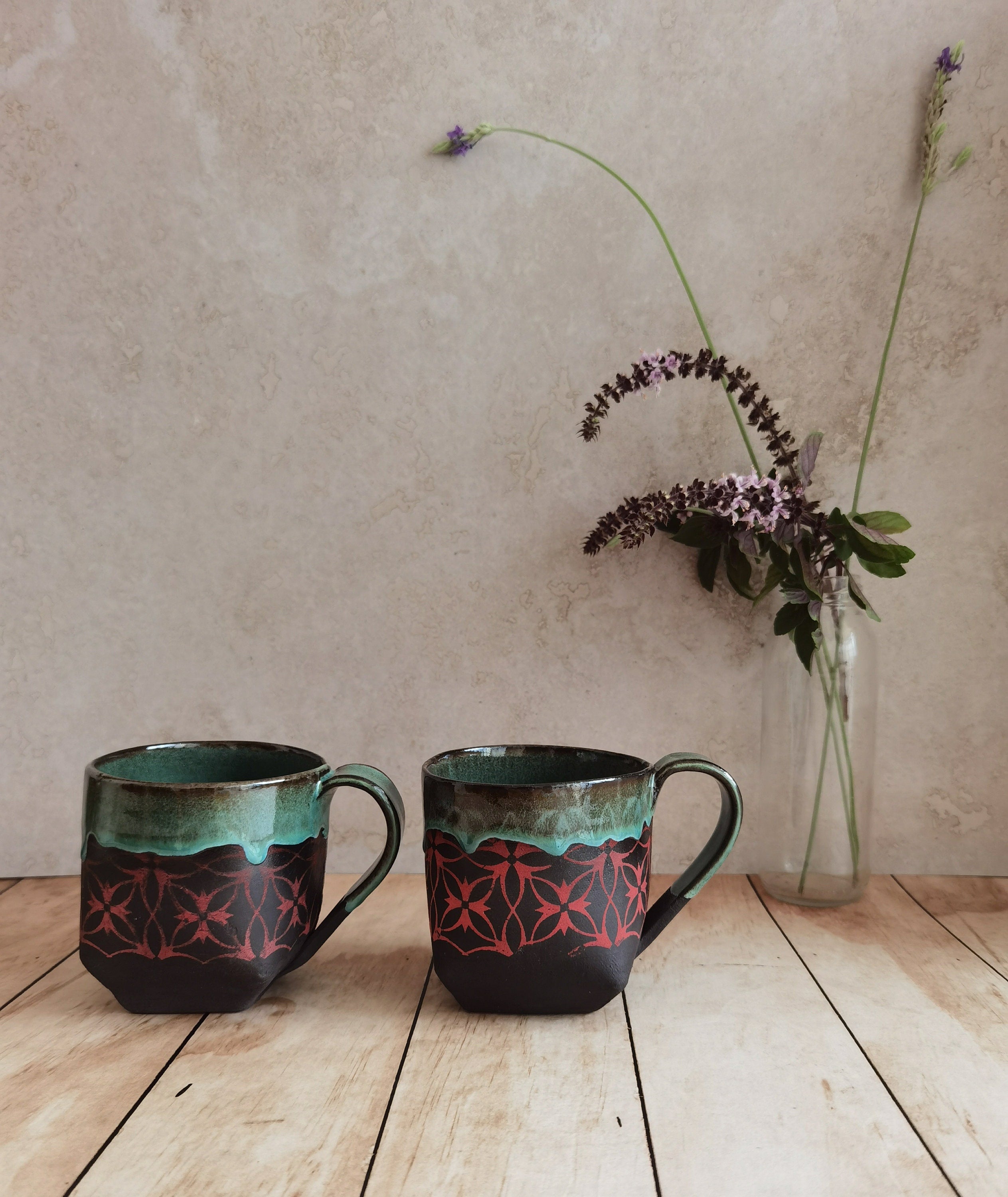 Ceramic Mug Set: Handmade Turquoise & Red Pottery Cups