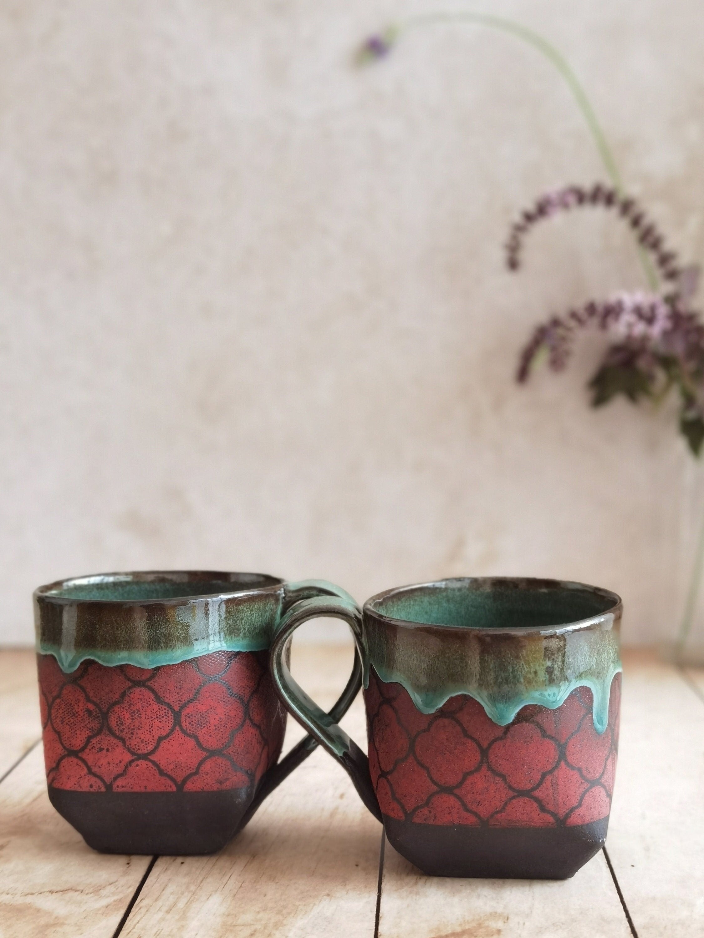 Set of 2 Handmade Ceramic Mugs: Turquoise & Red Pottery Cups