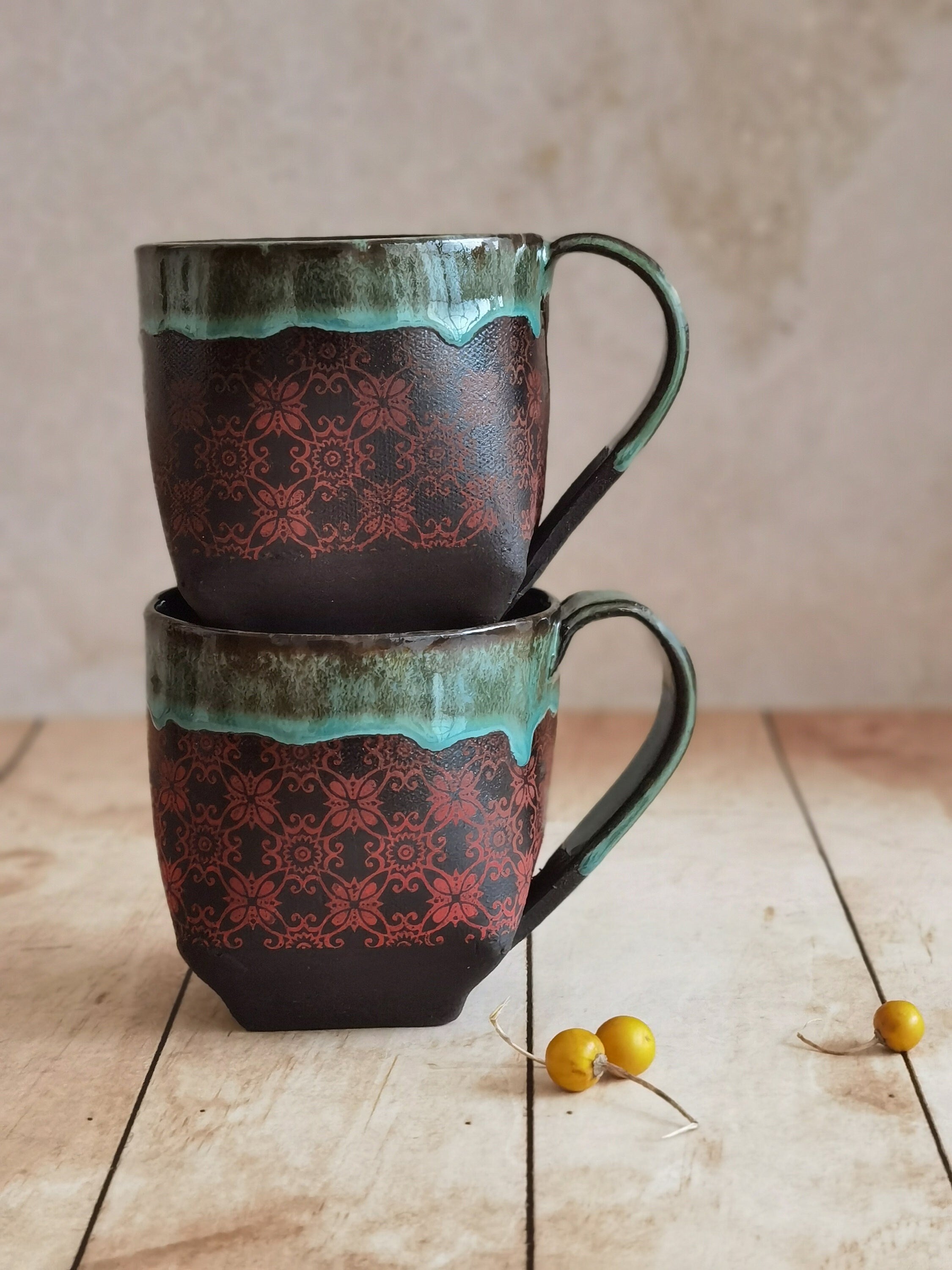 Handmade Ceramic Mug Set: Turquoise & Red Pottery Cups