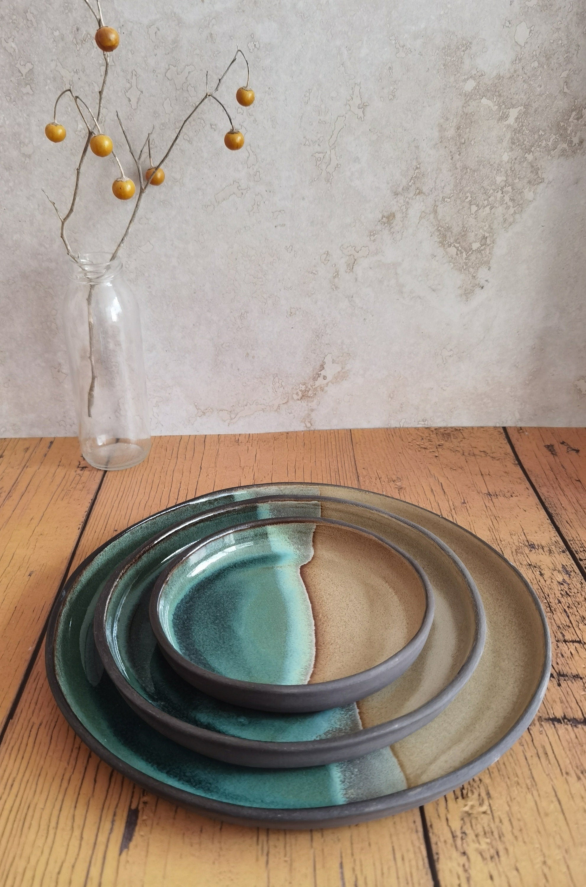 Set of 2 Handmade Ceramic Plates: Beige and Turquoise Round Platter