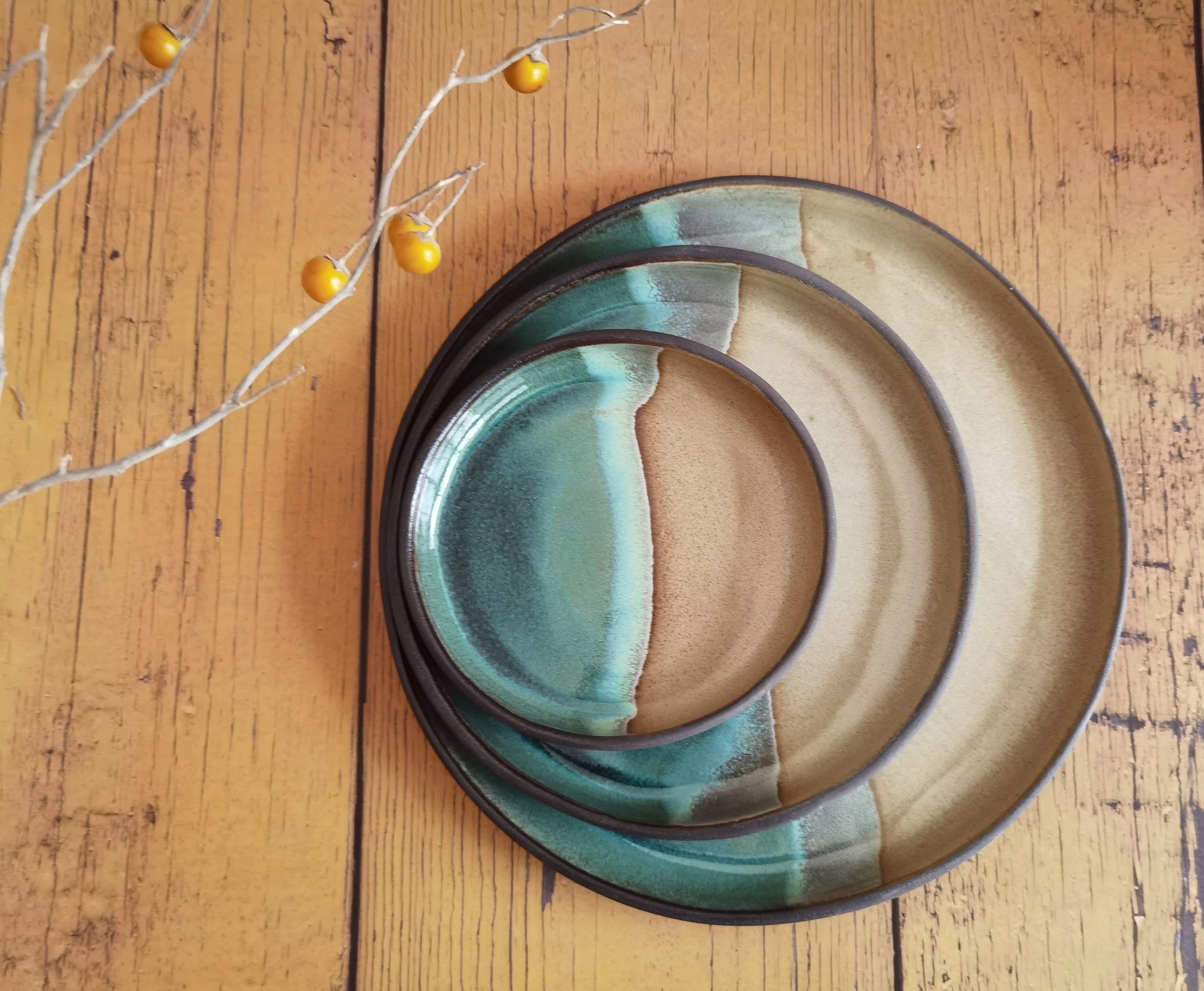 Set of 2 Handmade Ceramic Plates: Beige and Turquoise Round Platter
