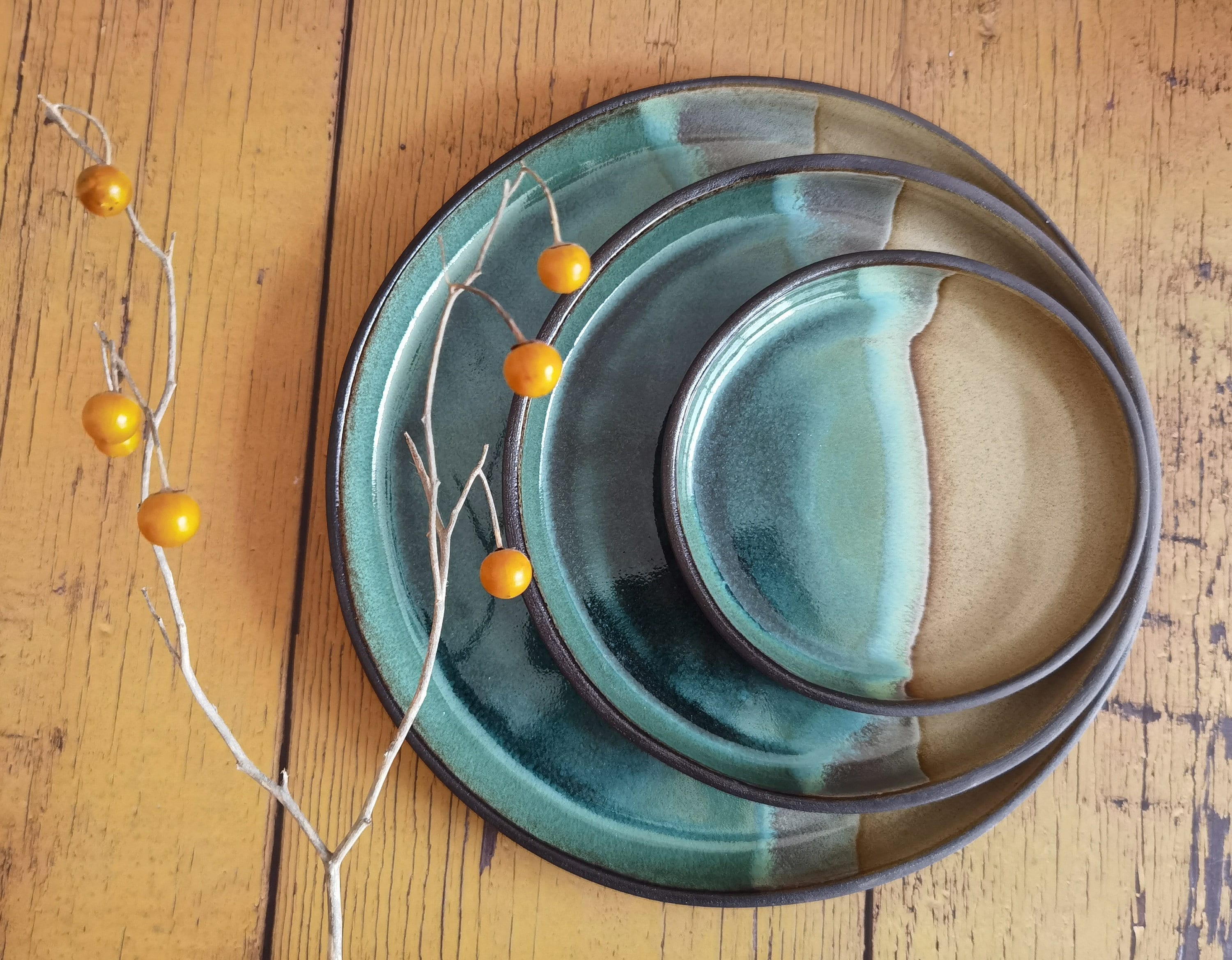 Set of 2 Handmade Ceramic Plates: Beige and Turquoise Round Platter