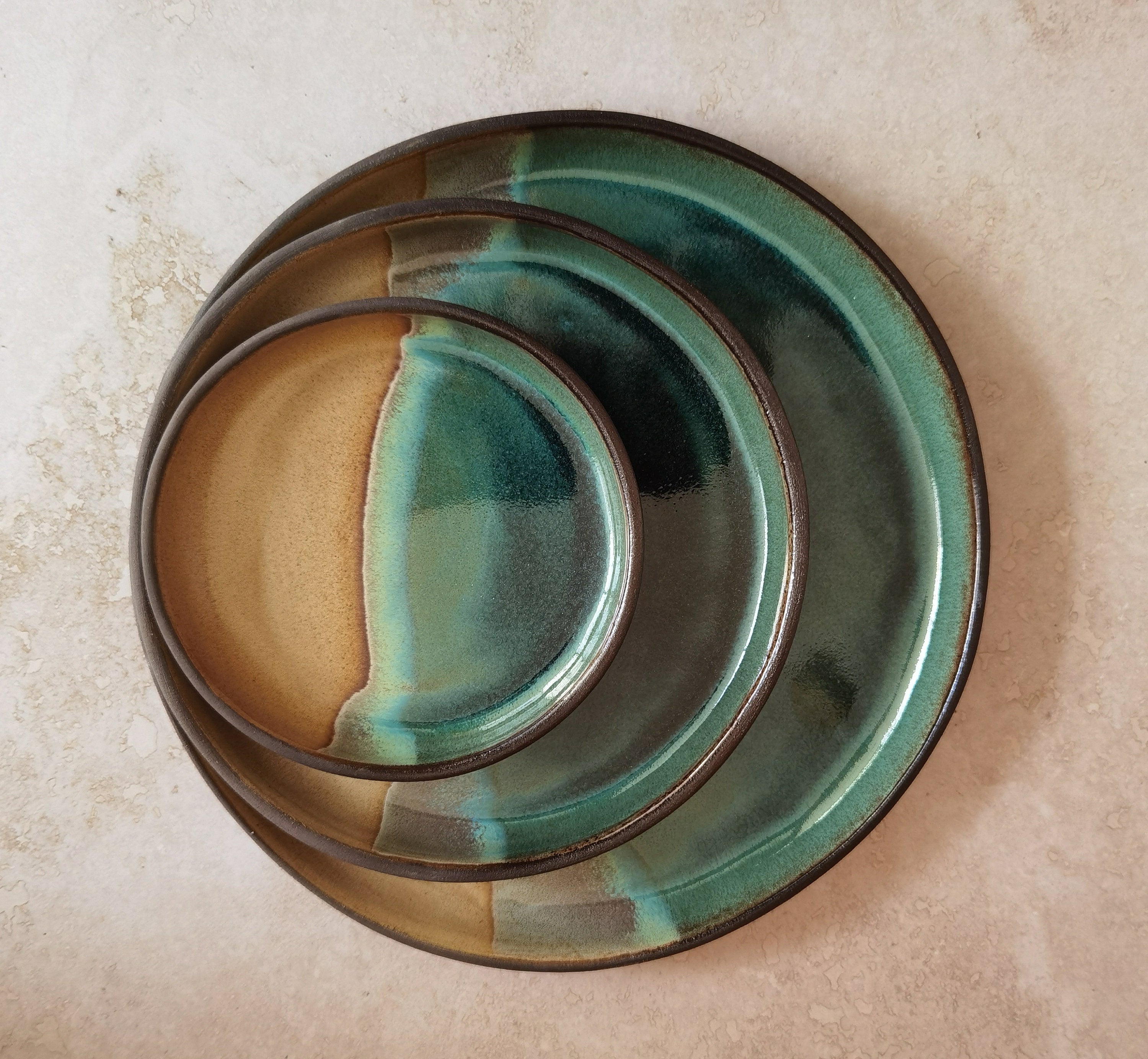 Set of 2 Handmade Ceramic Plates: Beige and Turquoise Round Platter