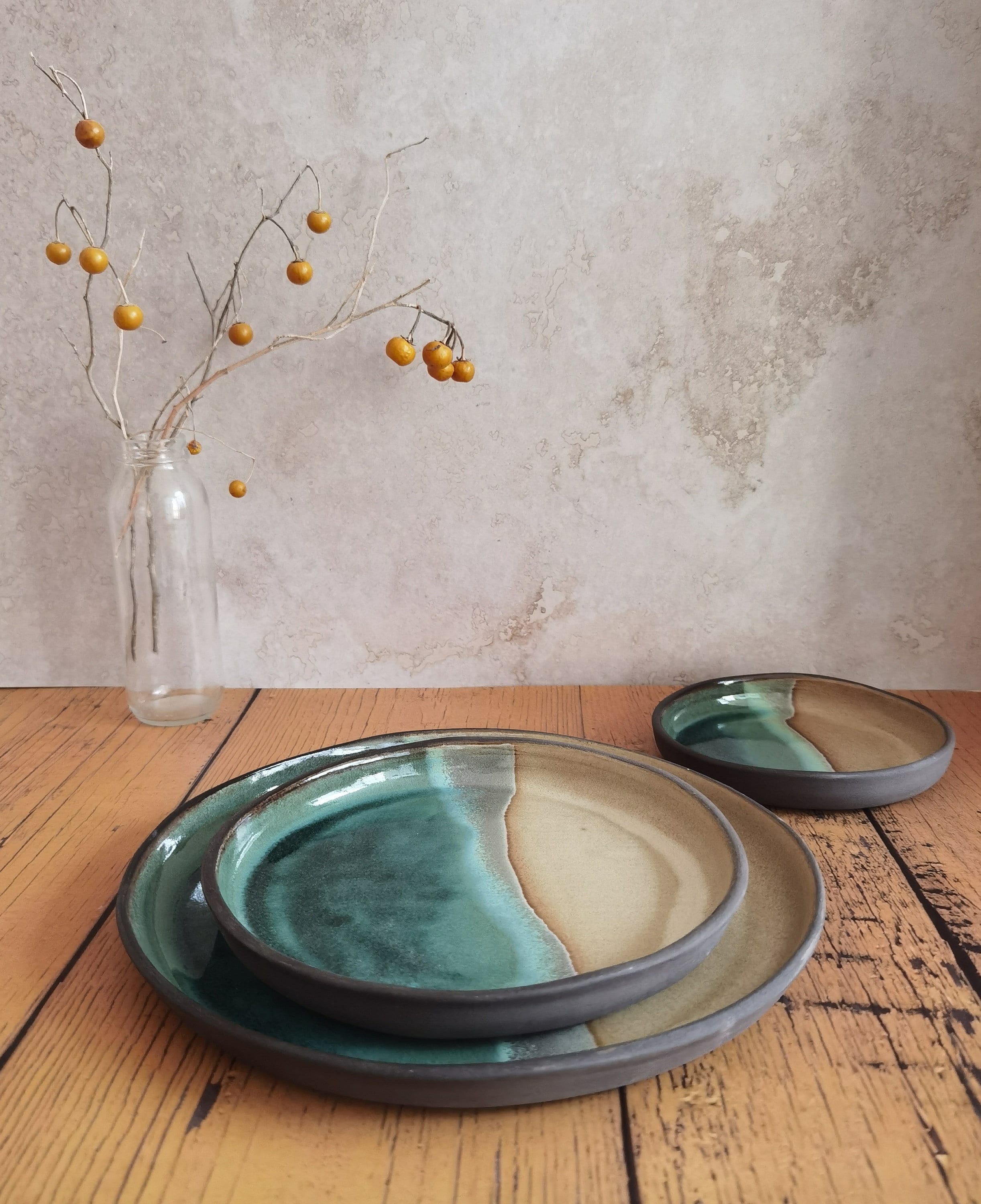 Set of 2 Handmade Ceramic Plates: Beige and Turquoise Round Platter