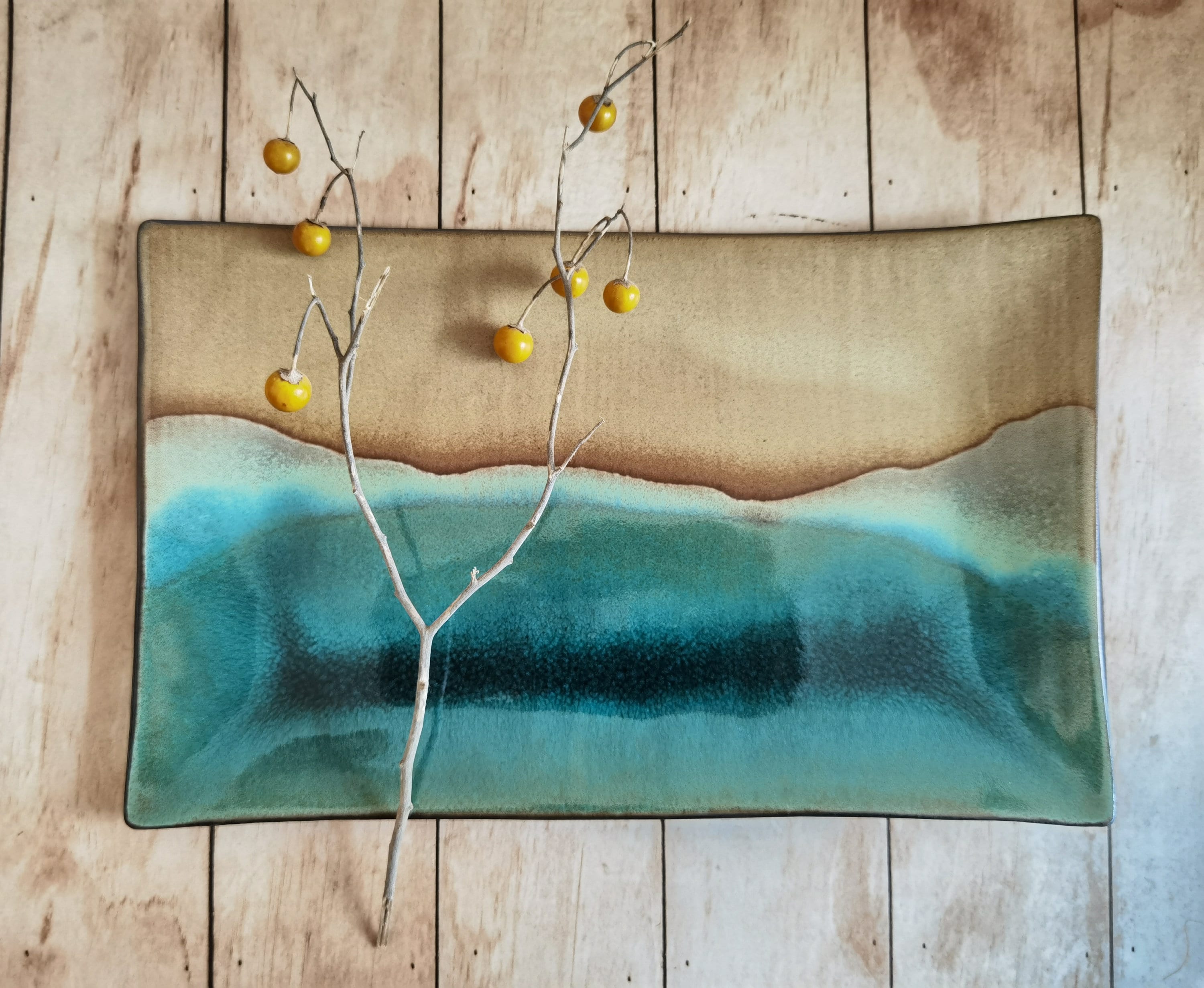 Handmade Rectangular Ceramic Serving Tray: Beige & Turquoise Pottery Dish